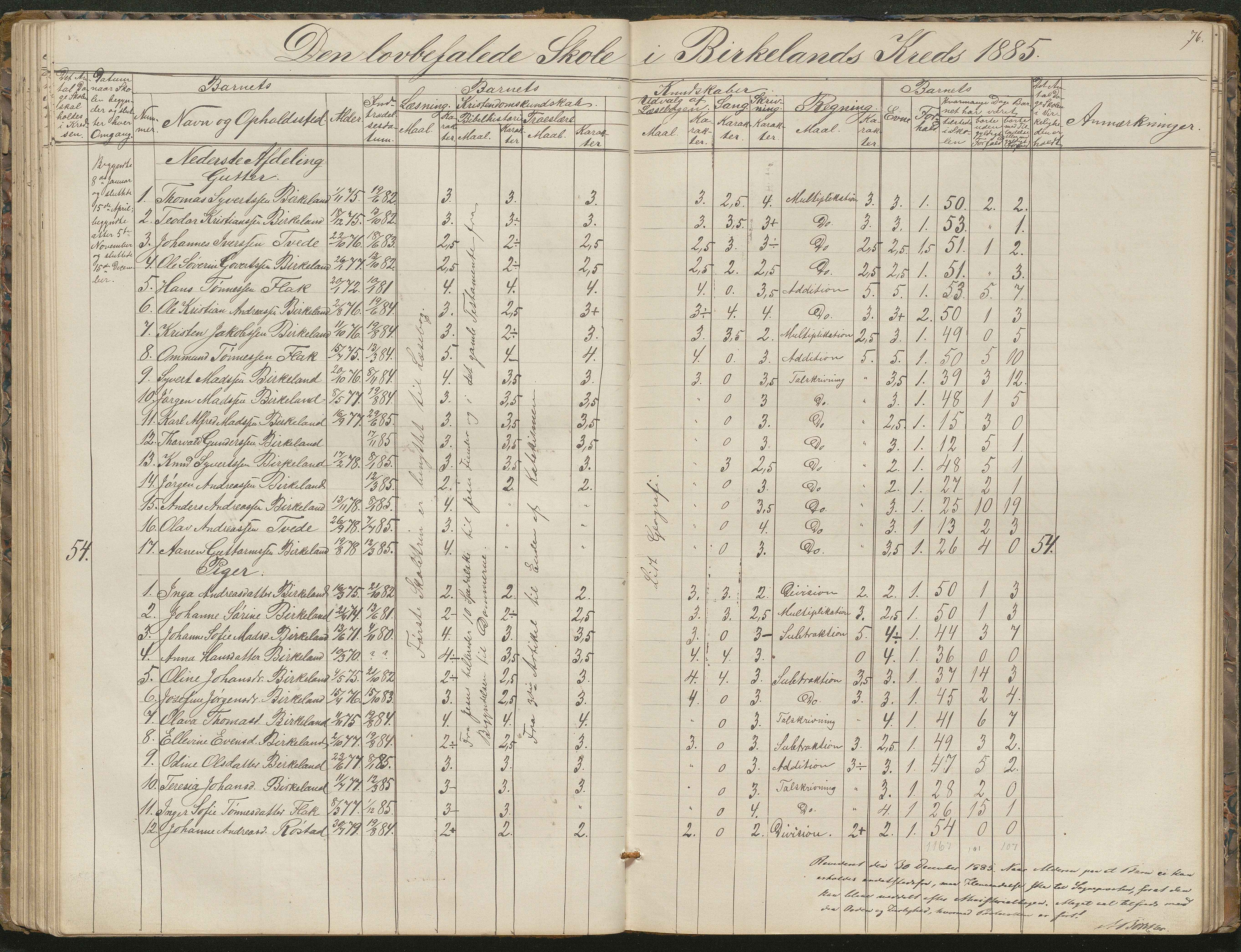 Birkenes kommune, Birkenes krets/Birkeland folkeskole frem til 1991, AAKS/KA0928-550a_91/F02/L0001: Skoleprotokoll, 1862-1896, p. 76