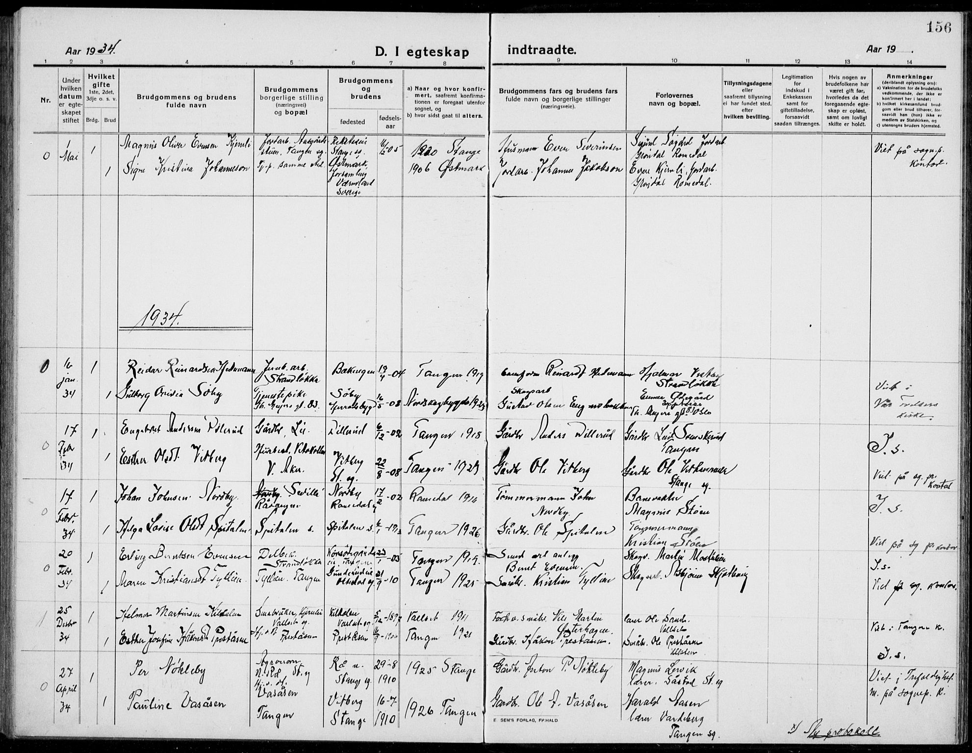 Stange prestekontor, AV/SAH-PREST-002/L/L0017: Parish register (copy) no. 17, 1918-1936, p. 156
