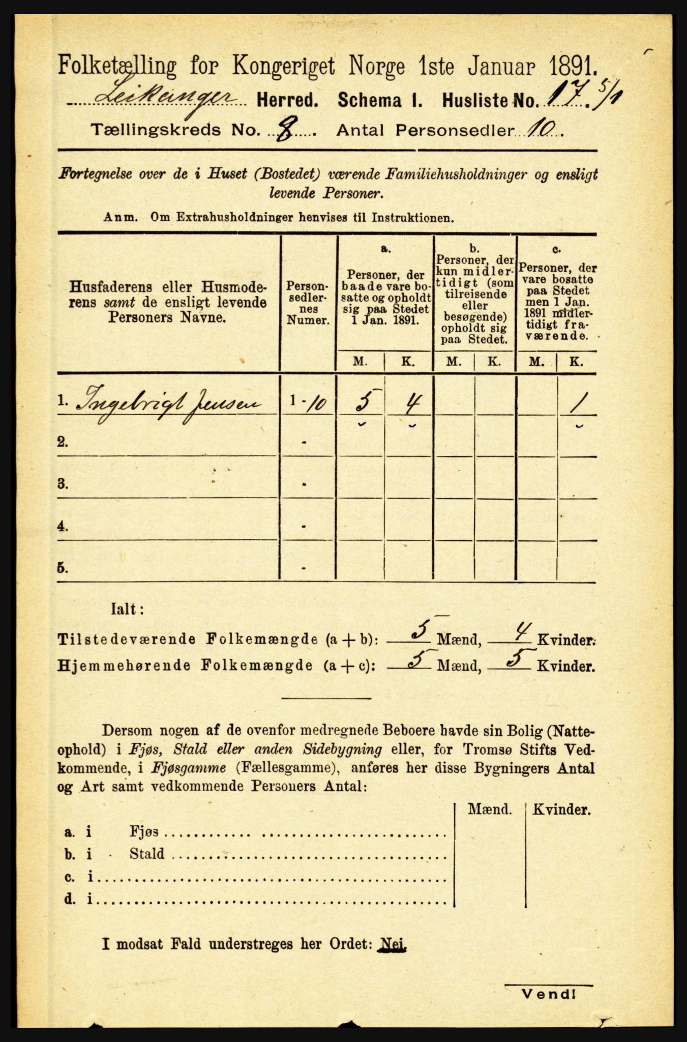 RA, 1891 census for 1419 Leikanger, 1891, p. 1576