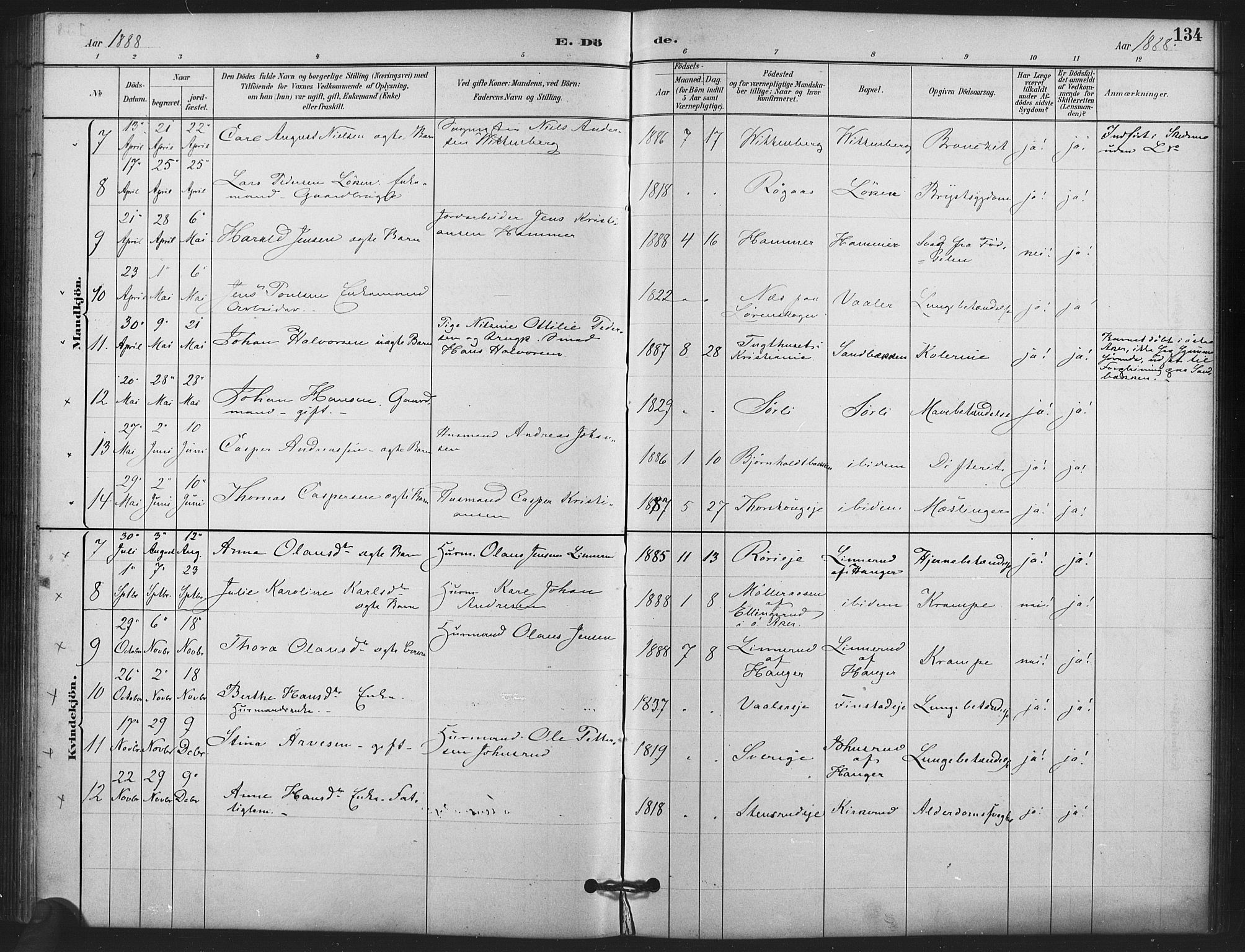 Skedsmo prestekontor Kirkebøker, SAO/A-10033a/F/Fb/L0001: Parish register (official) no. II 1, 1883-1901, p. 134