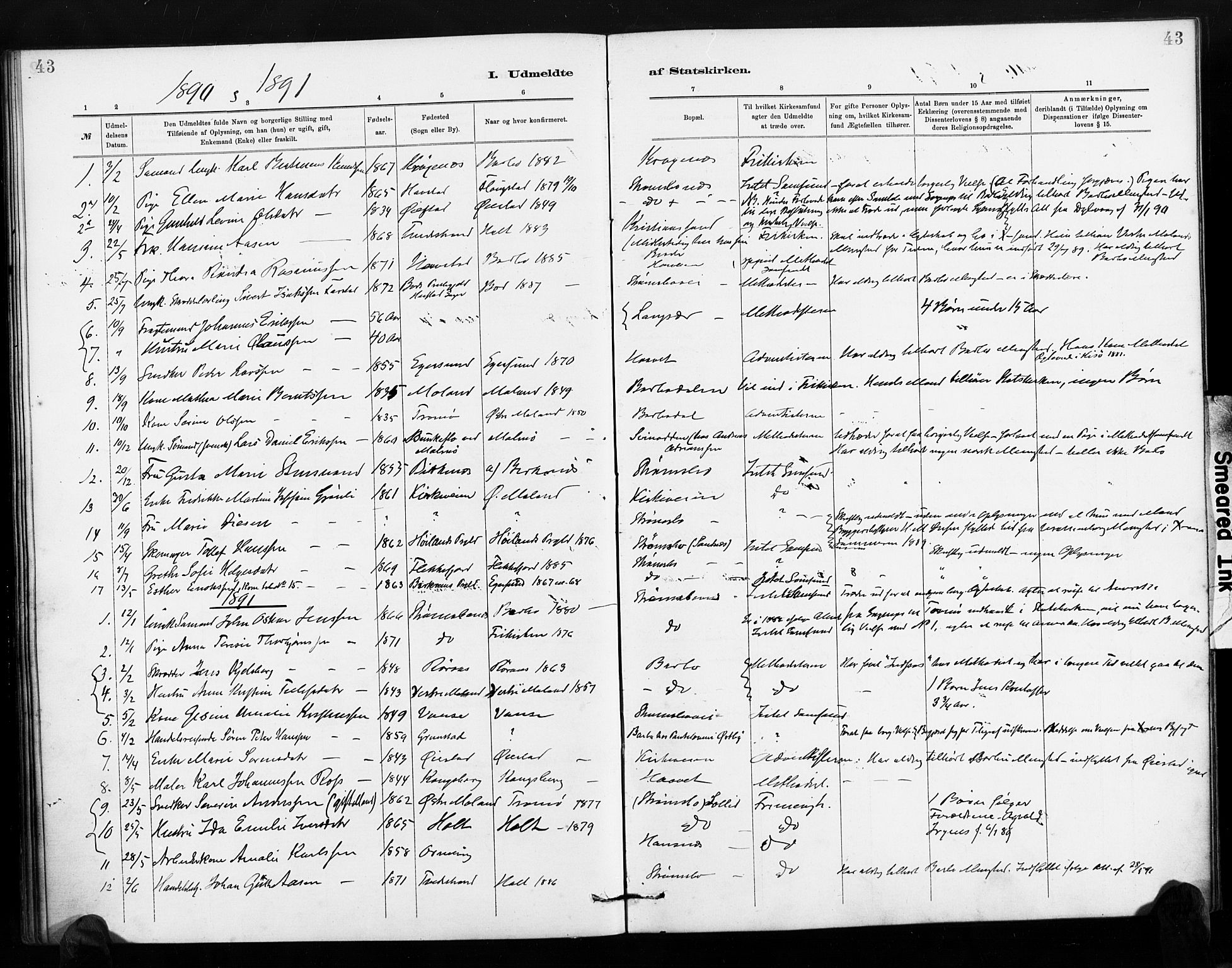 Barbu sokneprestkontor, SAK/1111-0003/F/Fa/L0004: Parish register (official) no. A 4, 1883-1909, p. 43