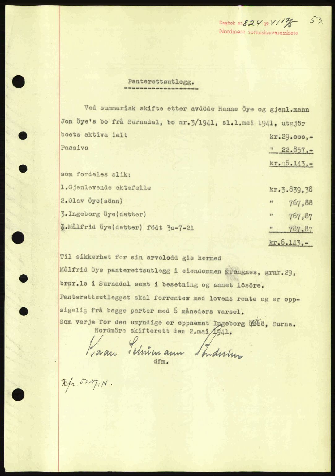 Nordmøre sorenskriveri, AV/SAT-A-4132/1/2/2Ca: Mortgage book no. B88, 1941-1942, Diary no: : 824/1941