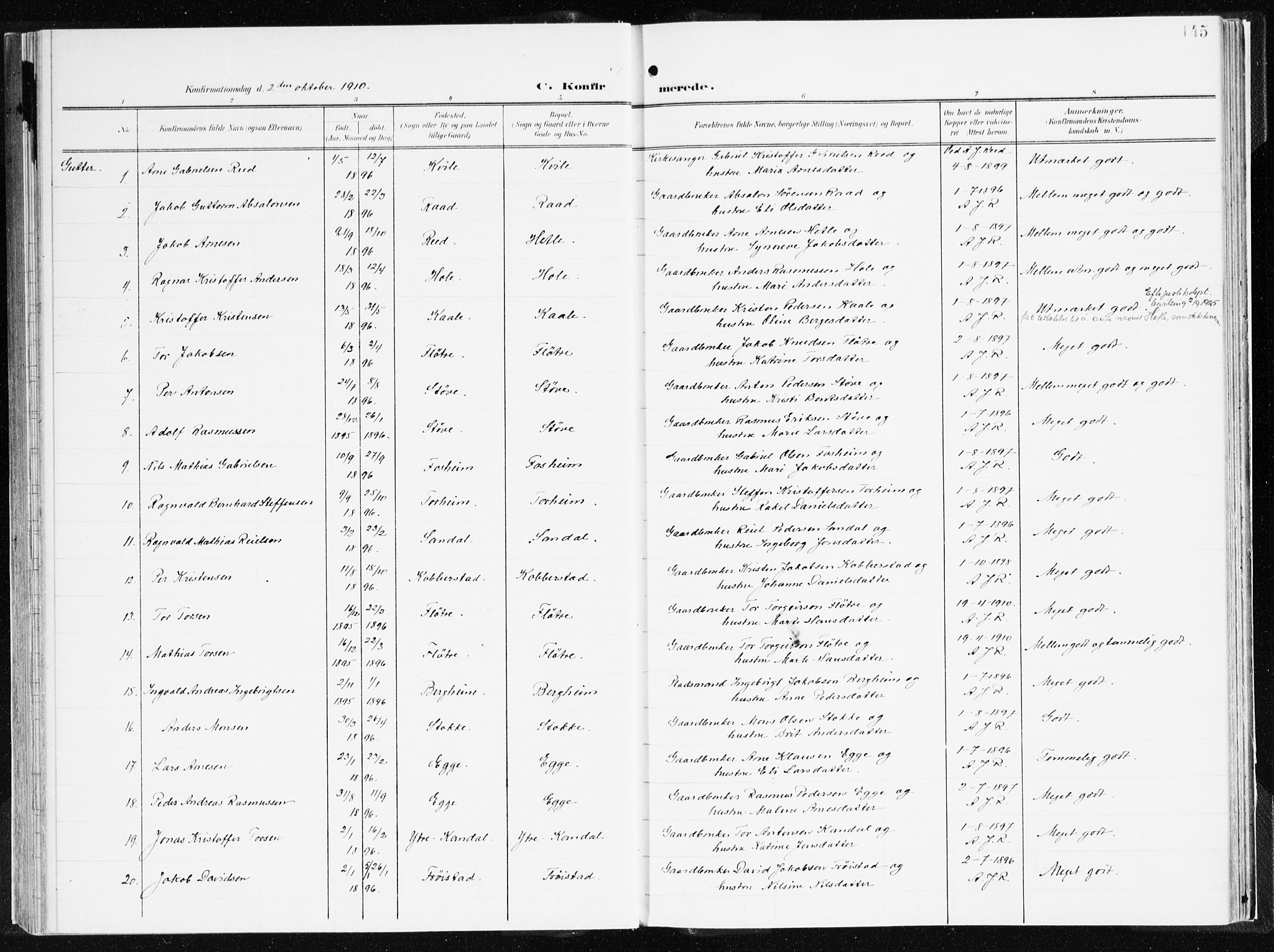 Gloppen sokneprestembete, AV/SAB-A-80101/H/Haa/Haac/L0003: Parish register (official) no. C 3, 1904-1921, p. 145