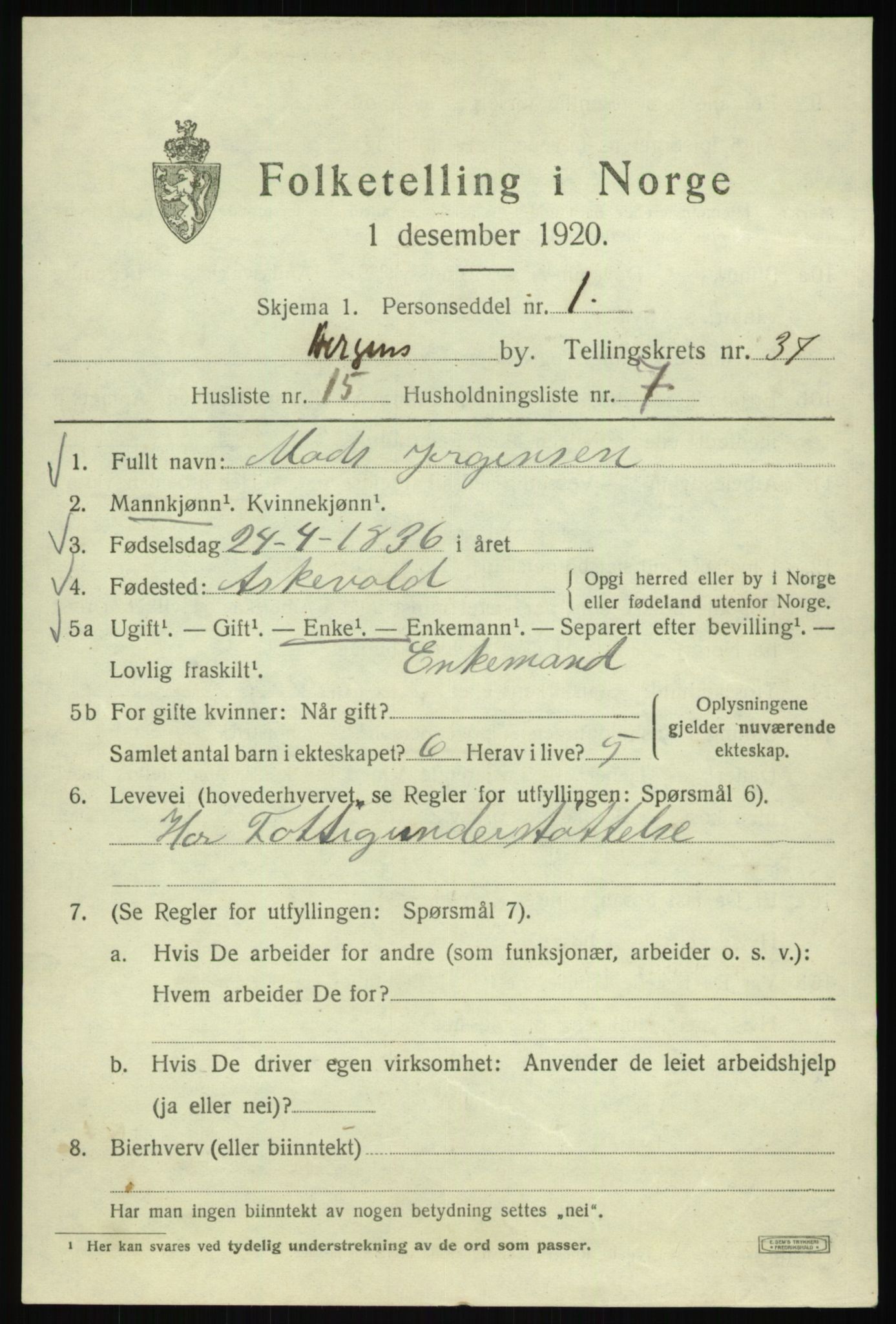 SAB, 1920 census for Bergen, 1920, p. 104392