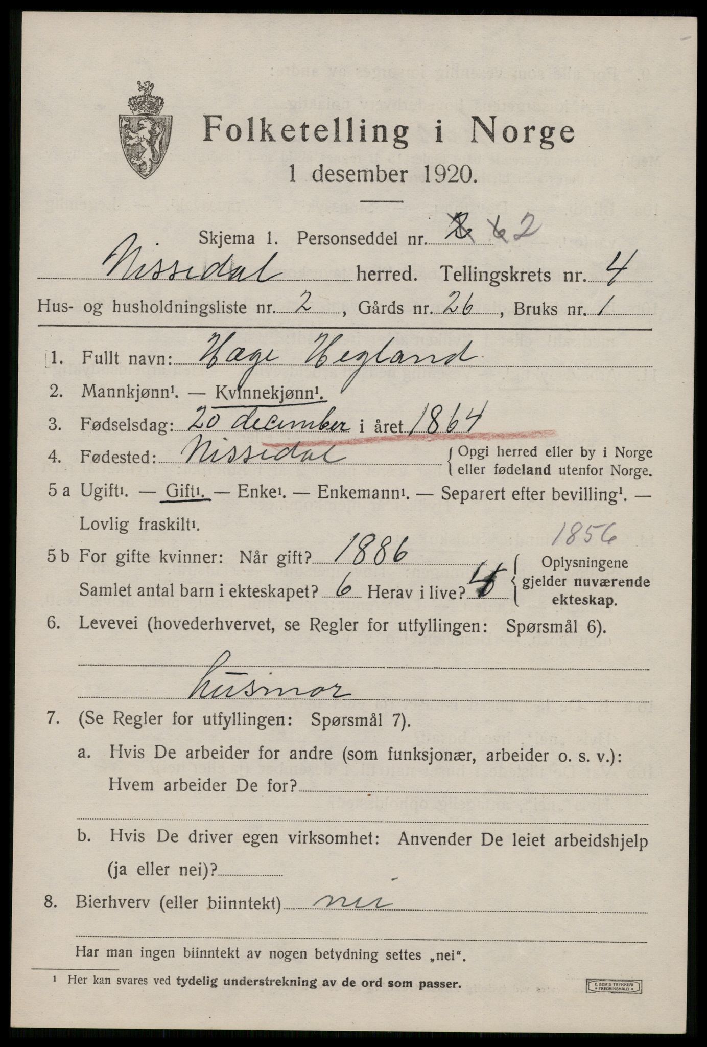 SAKO, 1920 census for Nissedal, 1920, p. 1837