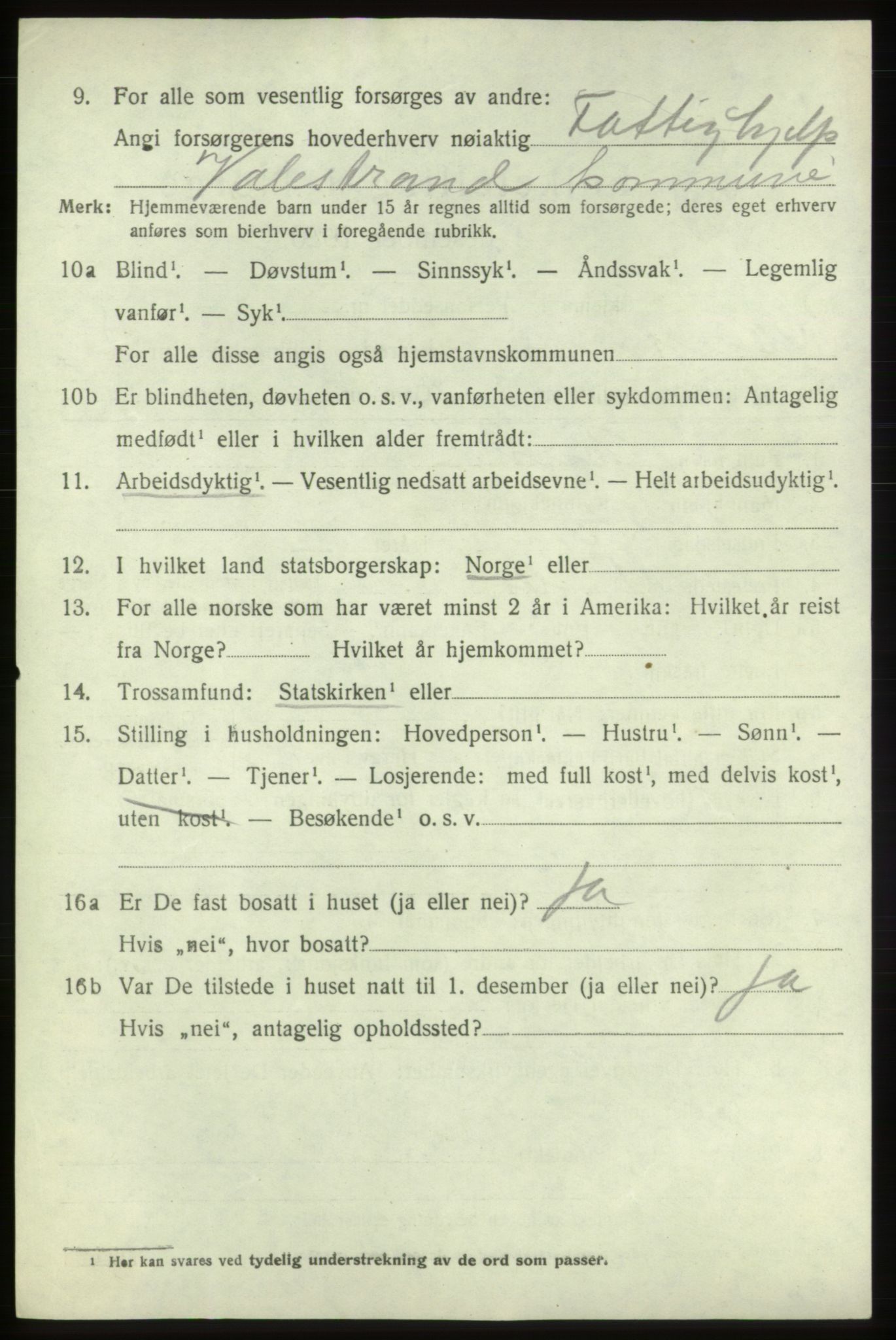 SAB, 1920 census for Valestrand, 1920, p. 1638