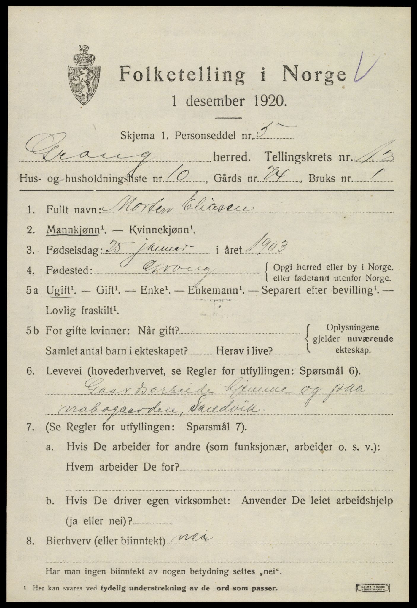 SAT, 1920 census for Grong, 1920, p. 6713