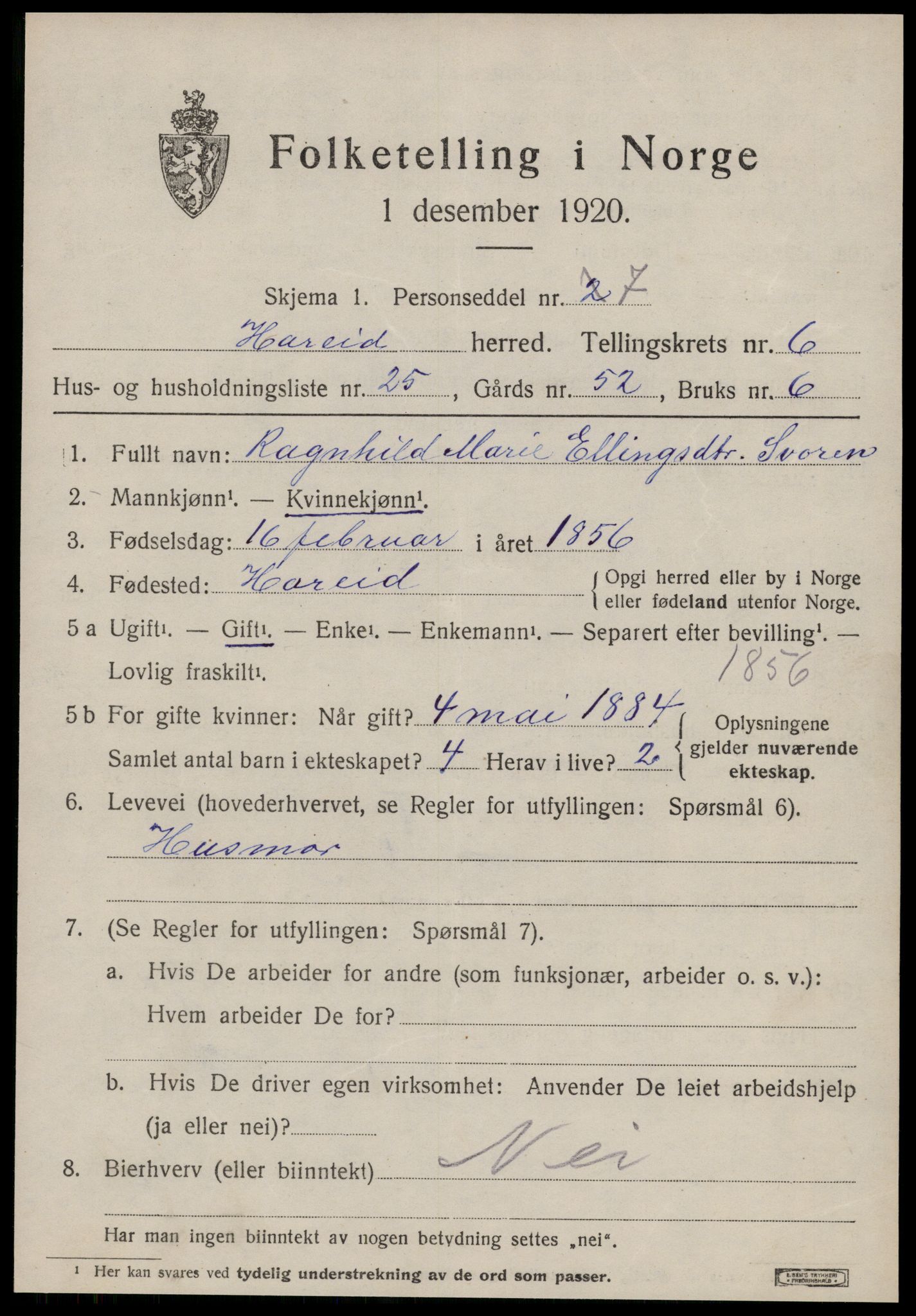 SAT, 1920 census for Hareid, 1920, p. 2489