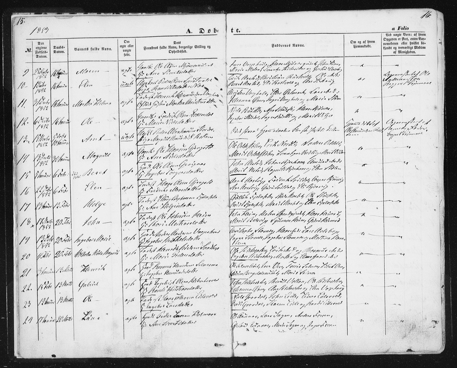 Ministerialprotokoller, klokkerbøker og fødselsregistre - Sør-Trøndelag, SAT/A-1456/630/L0494: Parish register (official) no. 630A07, 1852-1868, p. 15-16