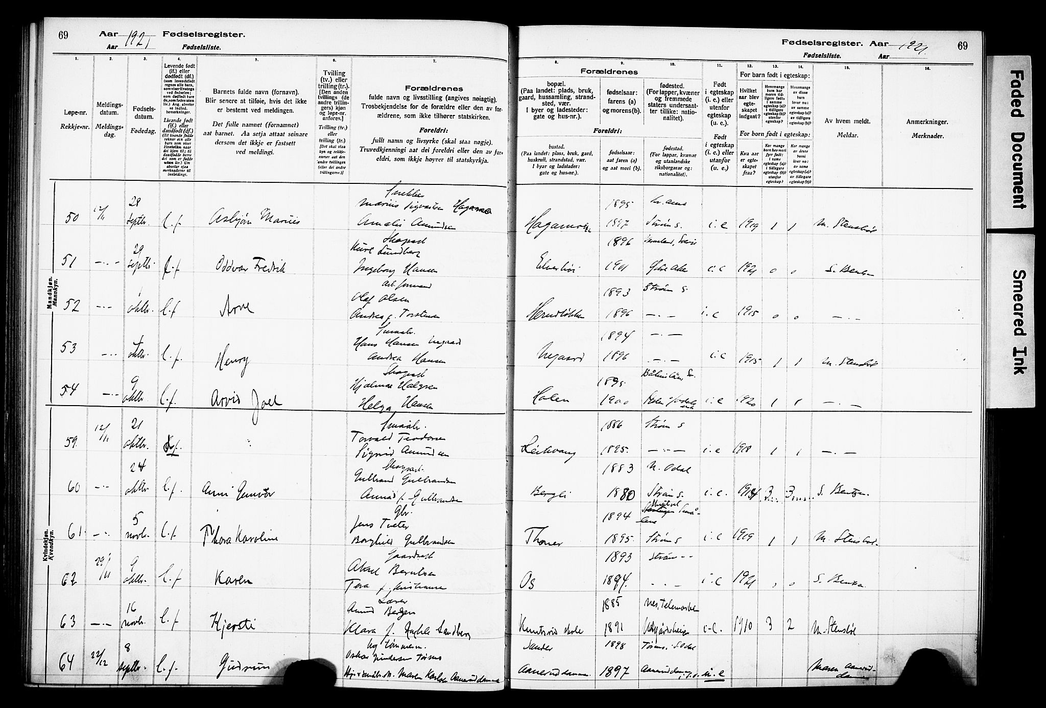 Sør-Odal prestekontor, AV/SAH-PREST-030/I/Id: Birth register no. 1, 1916-1931, p. 69