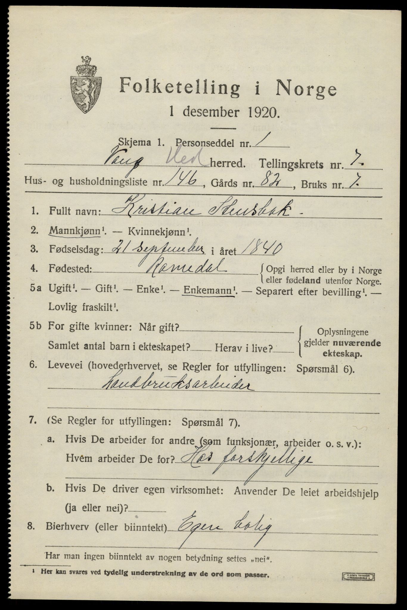 SAH, 1920 census for Vang (Hedmark), 1920, p. 17453