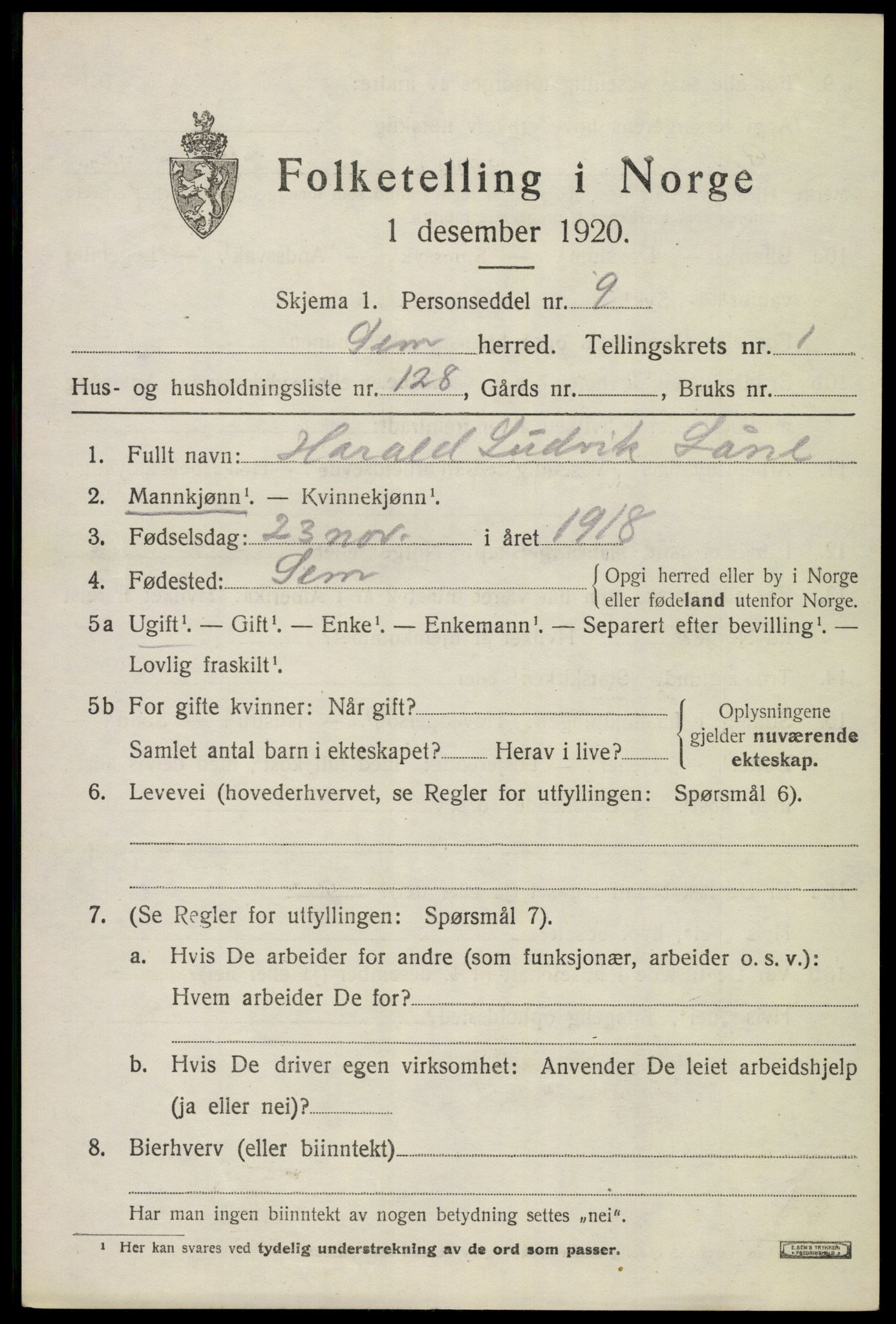 SAKO, 1920 census for Sem, 1920, p. 4303