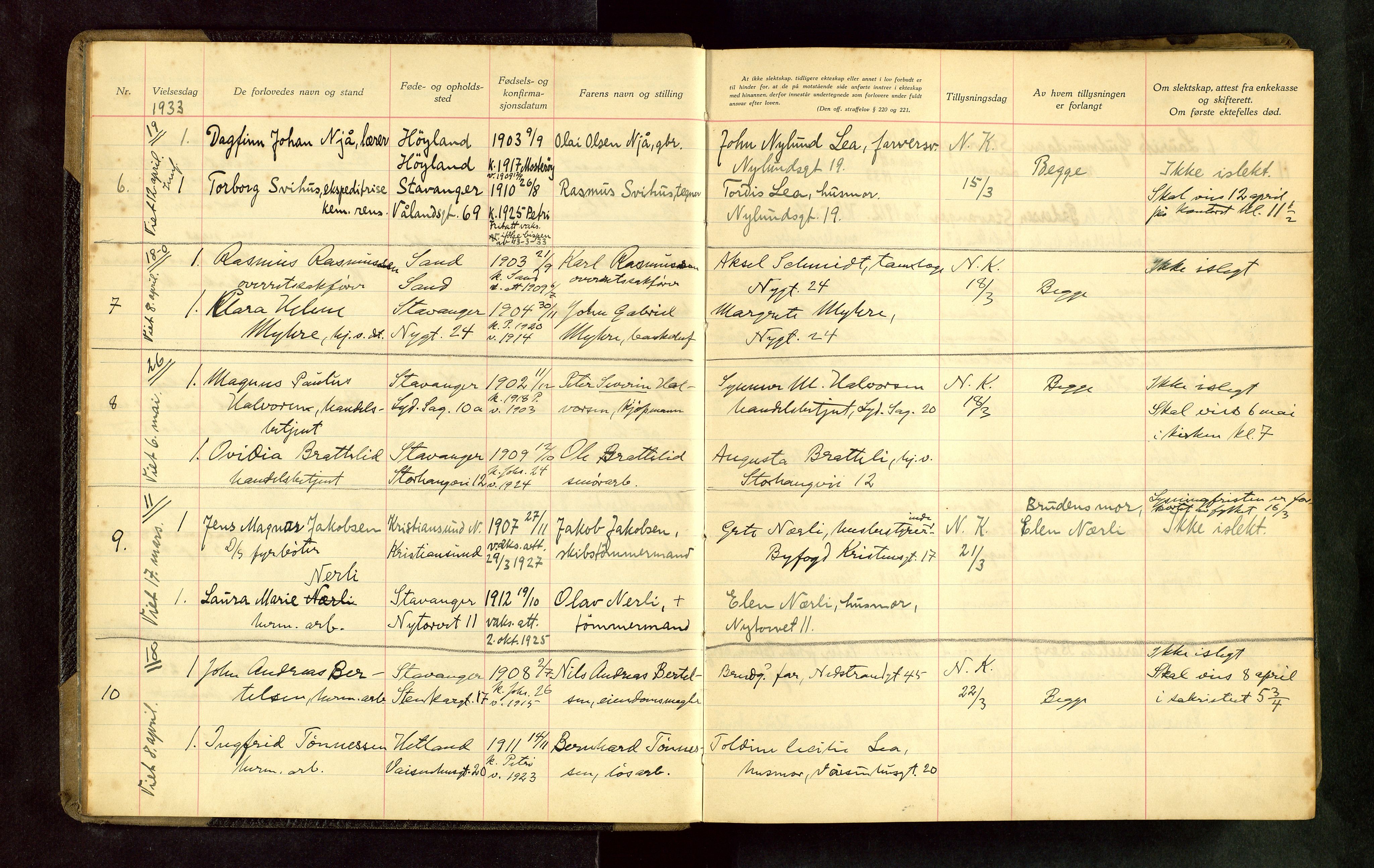 St. Petri sokneprestkontor, SAST/A-101813/001/70/705BA/L0009: Banns register no. 9, 1933-1945