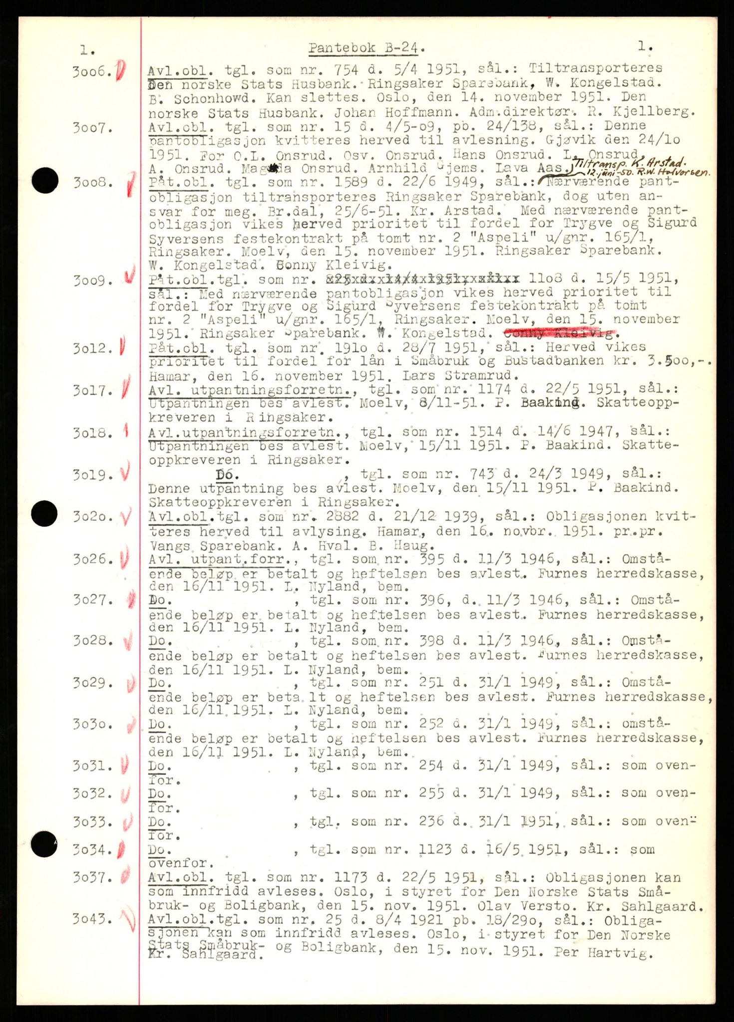 Nord-Hedmark sorenskriveri, SAH/TING-012/H/Hb/Hbf/L0024: Mortgage book no. B24, 1951-1952, Diary no: : 3006/1951