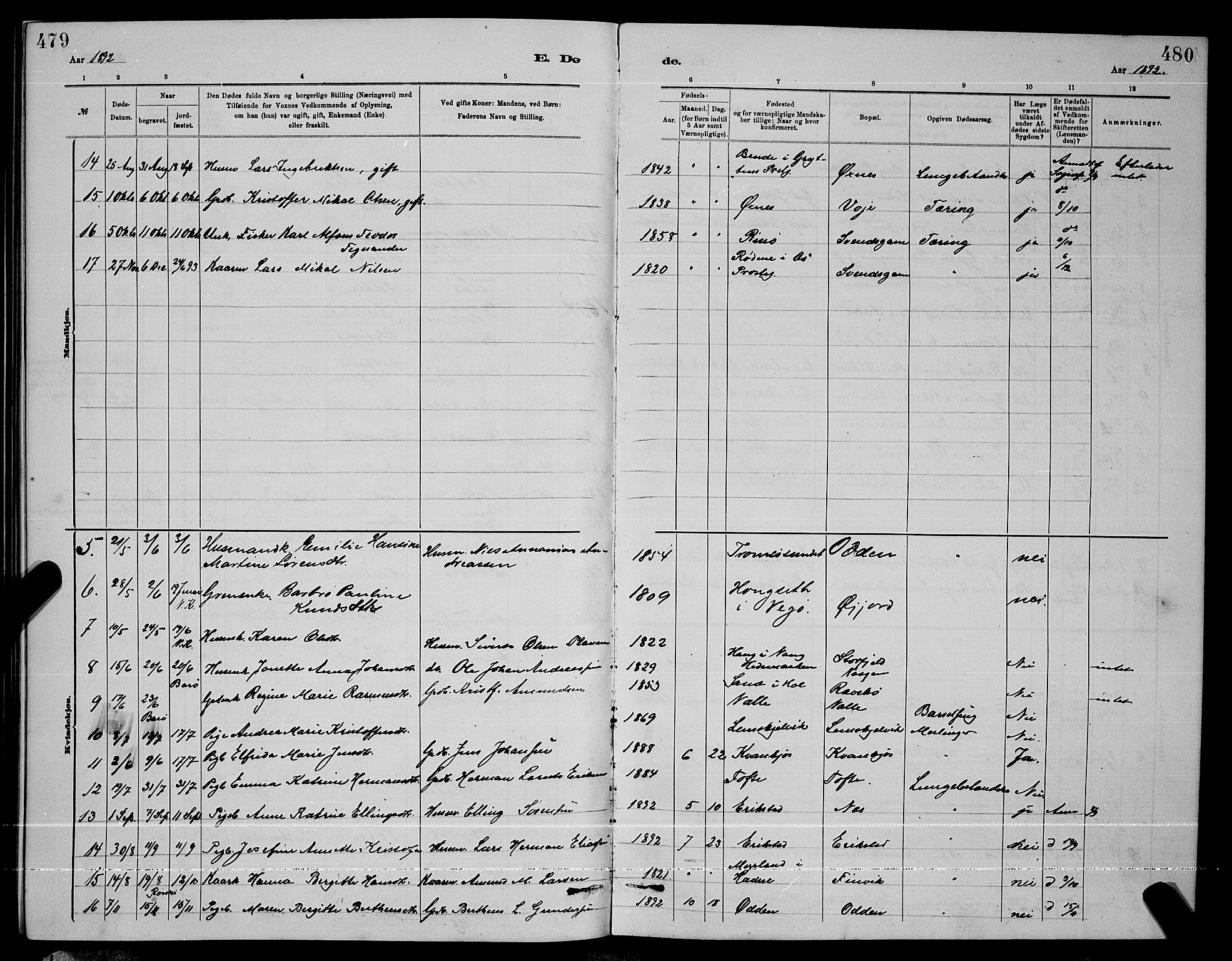 Ministerialprotokoller, klokkerbøker og fødselsregistre - Nordland, AV/SAT-A-1459/872/L1047: Parish register (copy) no. 872C03, 1880-1897, p. 479-480