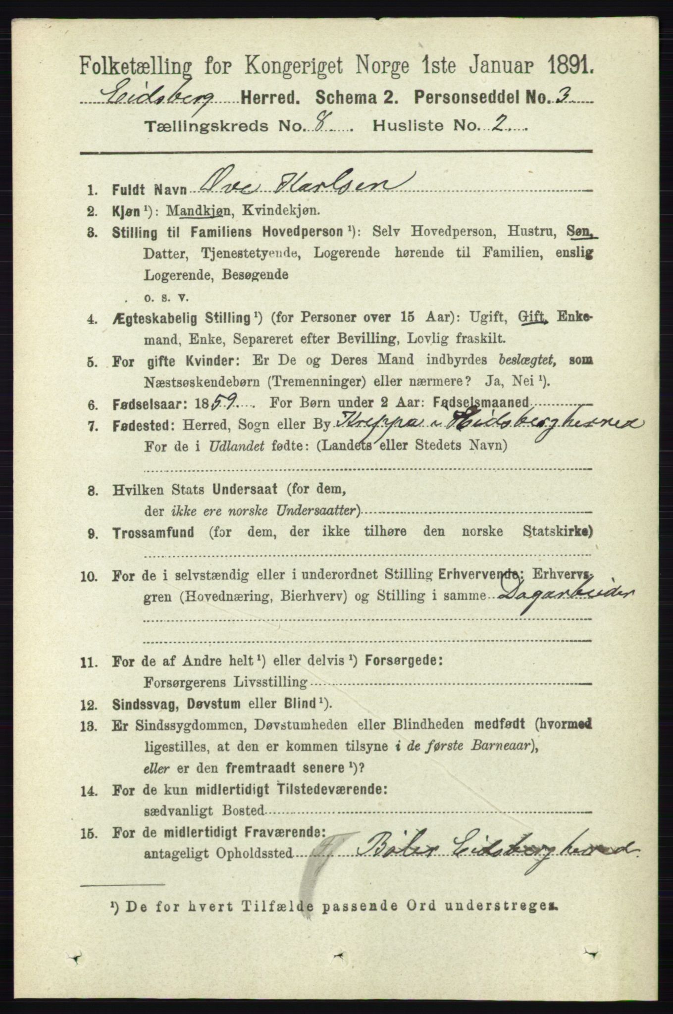 RA, 1891 census for 0125 Eidsberg, 1891, p. 4644