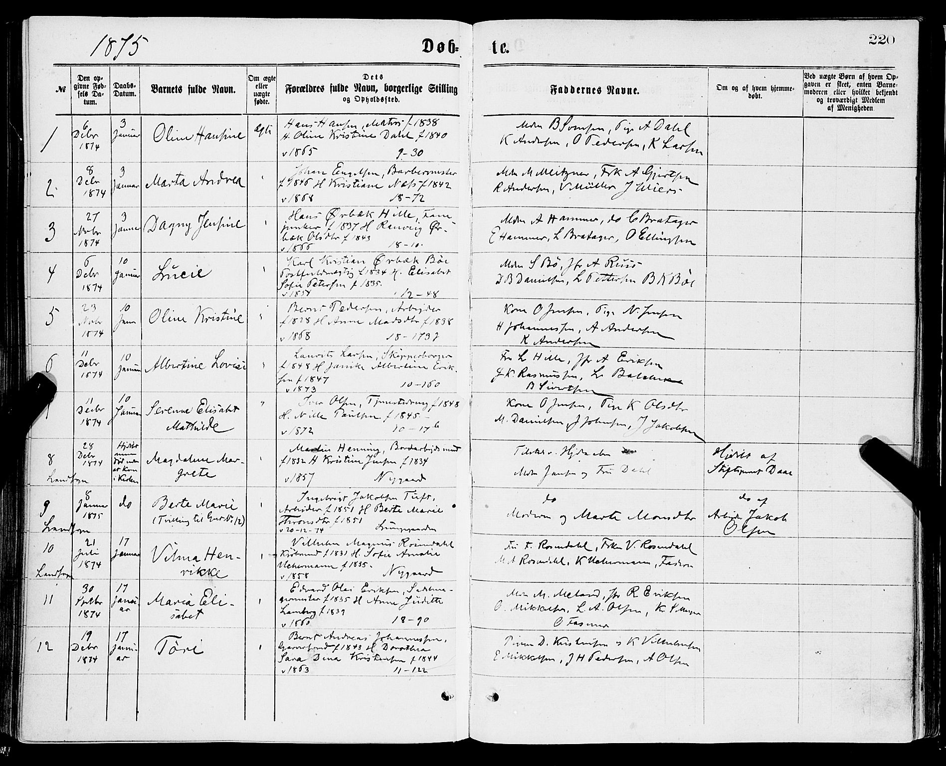 Domkirken sokneprestembete, SAB/A-74801/H/Haa/L0022: Parish register (official) no. B 5, 1872-1878, p. 220