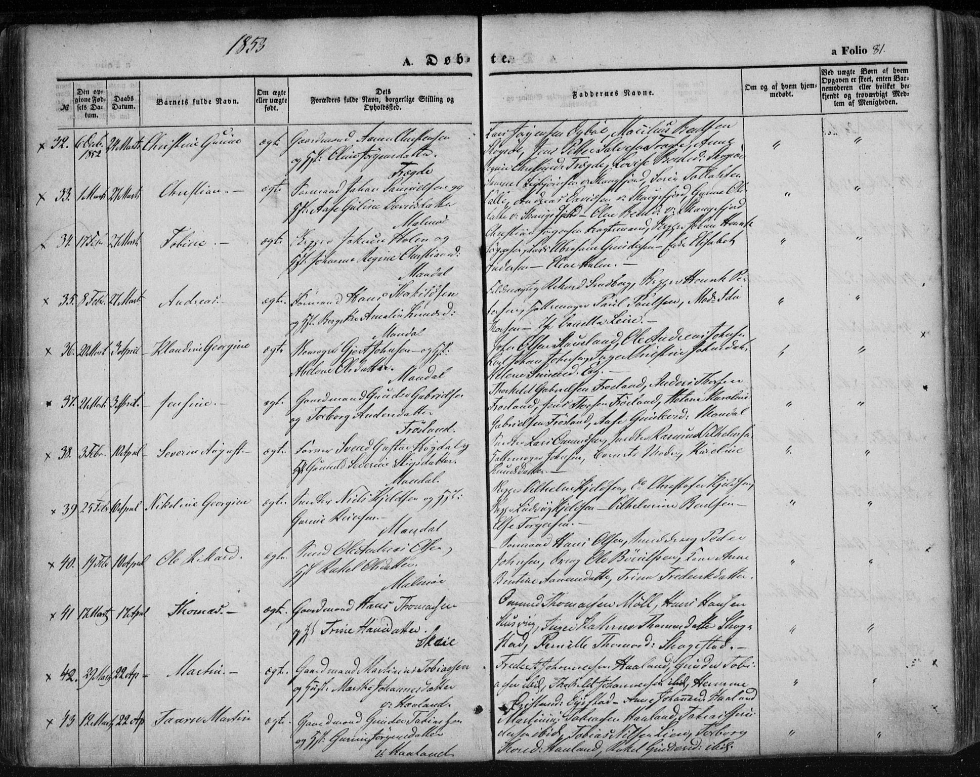 Mandal sokneprestkontor, AV/SAK-1111-0030/F/Fa/Faa/L0013: Parish register (official) no. A 13, 1847-1859, p. 81
