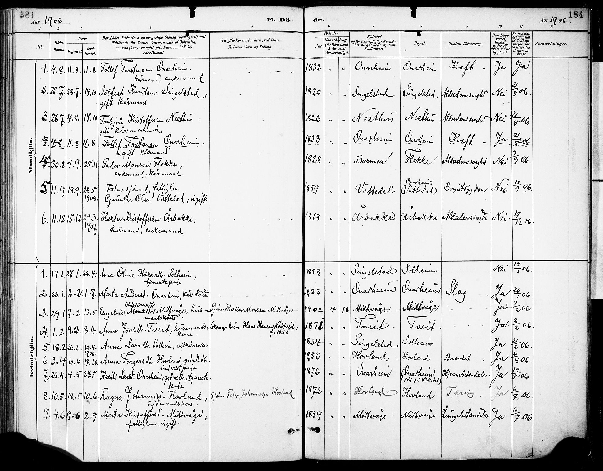 Tysnes sokneprestembete, SAB/A-78601/H/Haa: Parish register (official) no. C 1, 1887-1912, p. 184