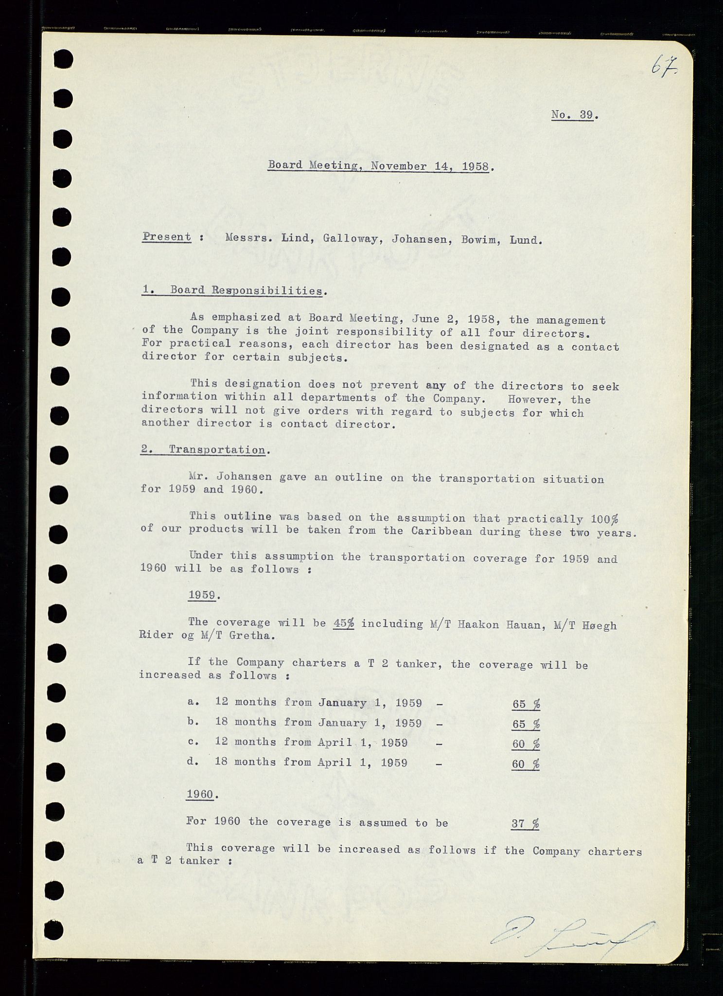 Pa 0982 - Esso Norge A/S, AV/SAST-A-100448/A/Aa/L0001/0001: Den administrerende direksjon Board minutes (styrereferater) / Den administrerende direksjon Board minutes (styrereferater), 1958-1959, p. 67