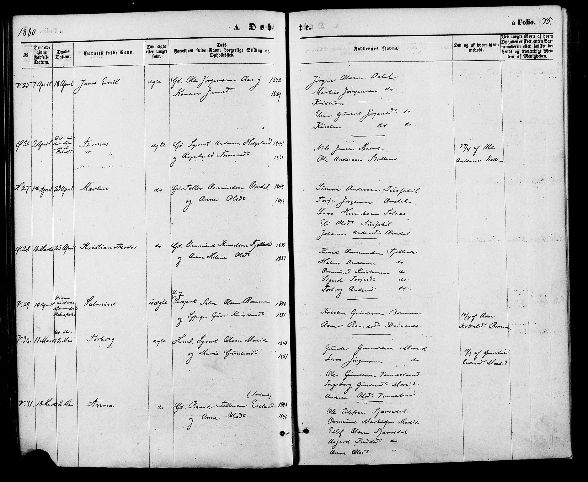Vennesla sokneprestkontor, AV/SAK-1111-0045/Fa/Fac/L0008: Parish register (official) no. A 8, 1874-1883, p. 75