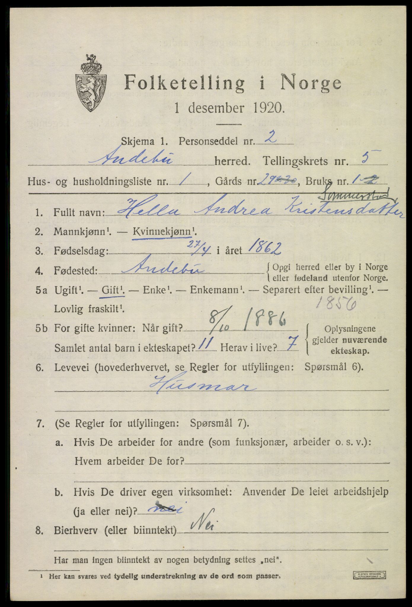 SAKO, 1920 census for Andebu, 1920, p. 2638