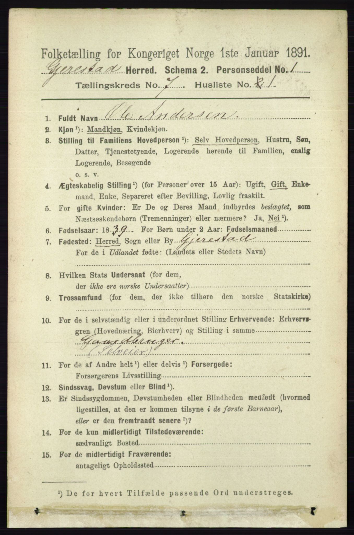 RA, 1891 census for 0911 Gjerstad, 1891, p. 2729