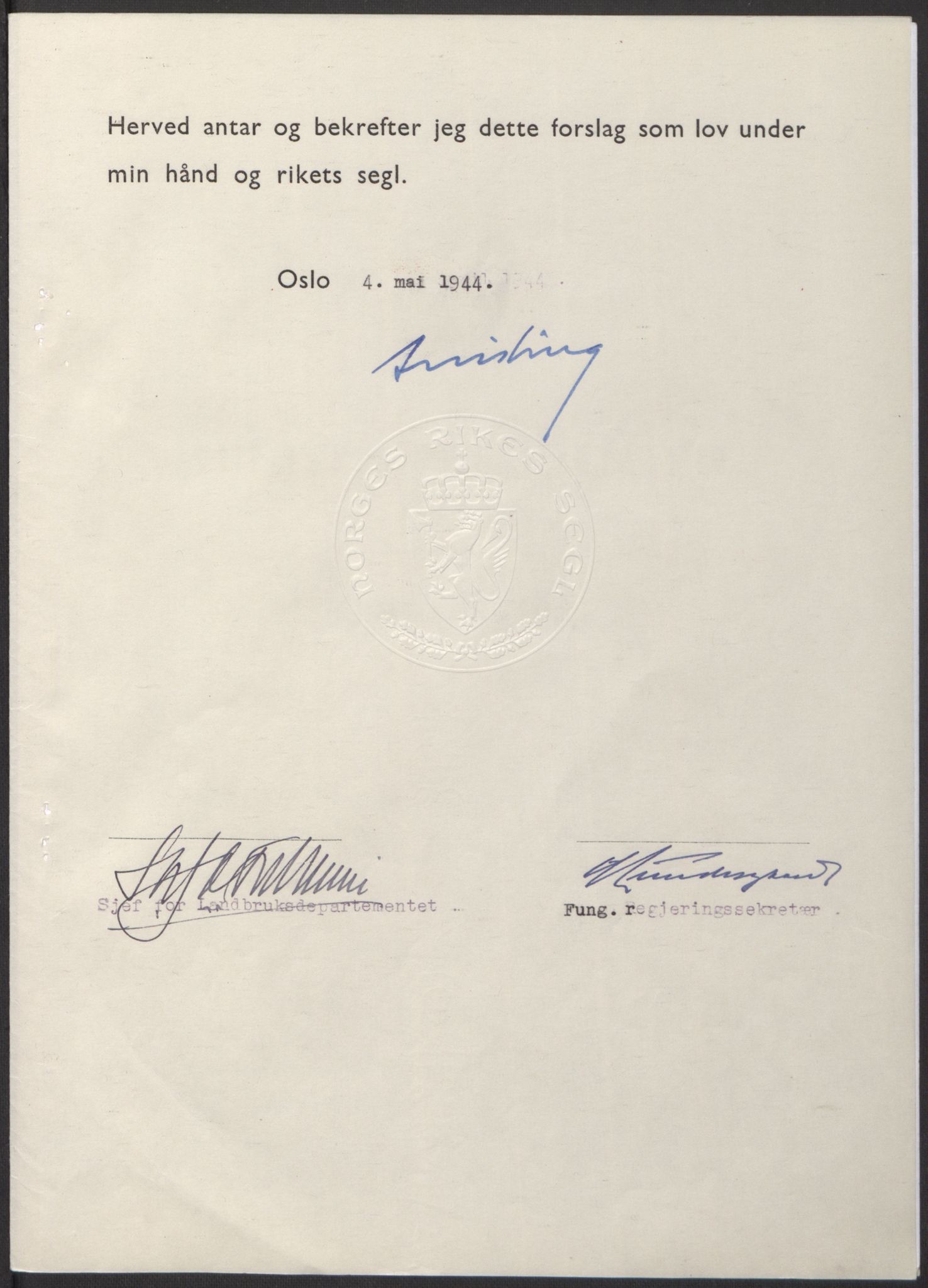 NS-administrasjonen 1940-1945 (Statsrådsekretariatet, de kommisariske statsråder mm), AV/RA-S-4279/D/Db/L0100: Lover, 1944, p. 208