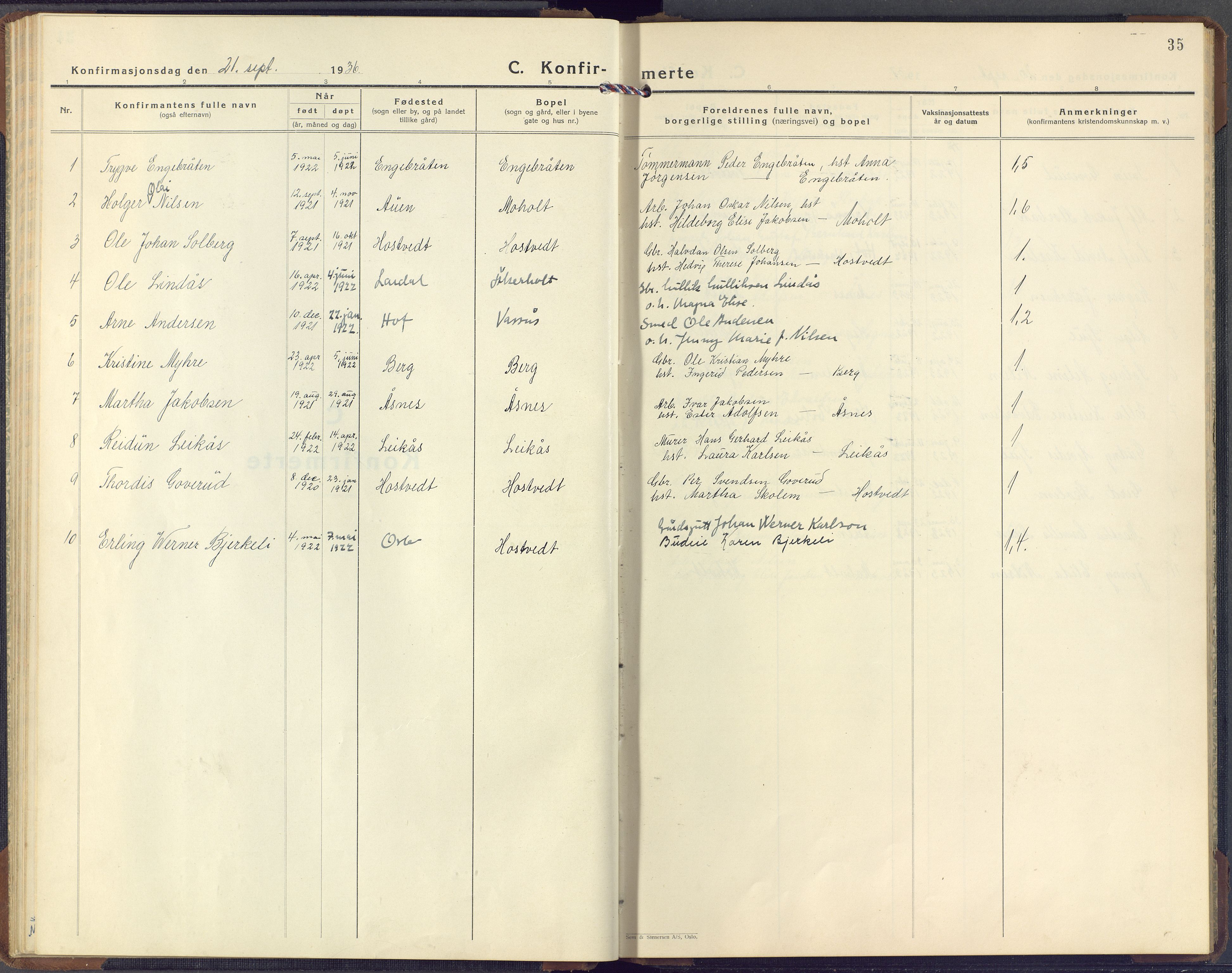 Hof kirkebøker, SAKO/A-64/F/Fb/L0002: Parish register (official) no. II 2, 1932-1959, p. 35