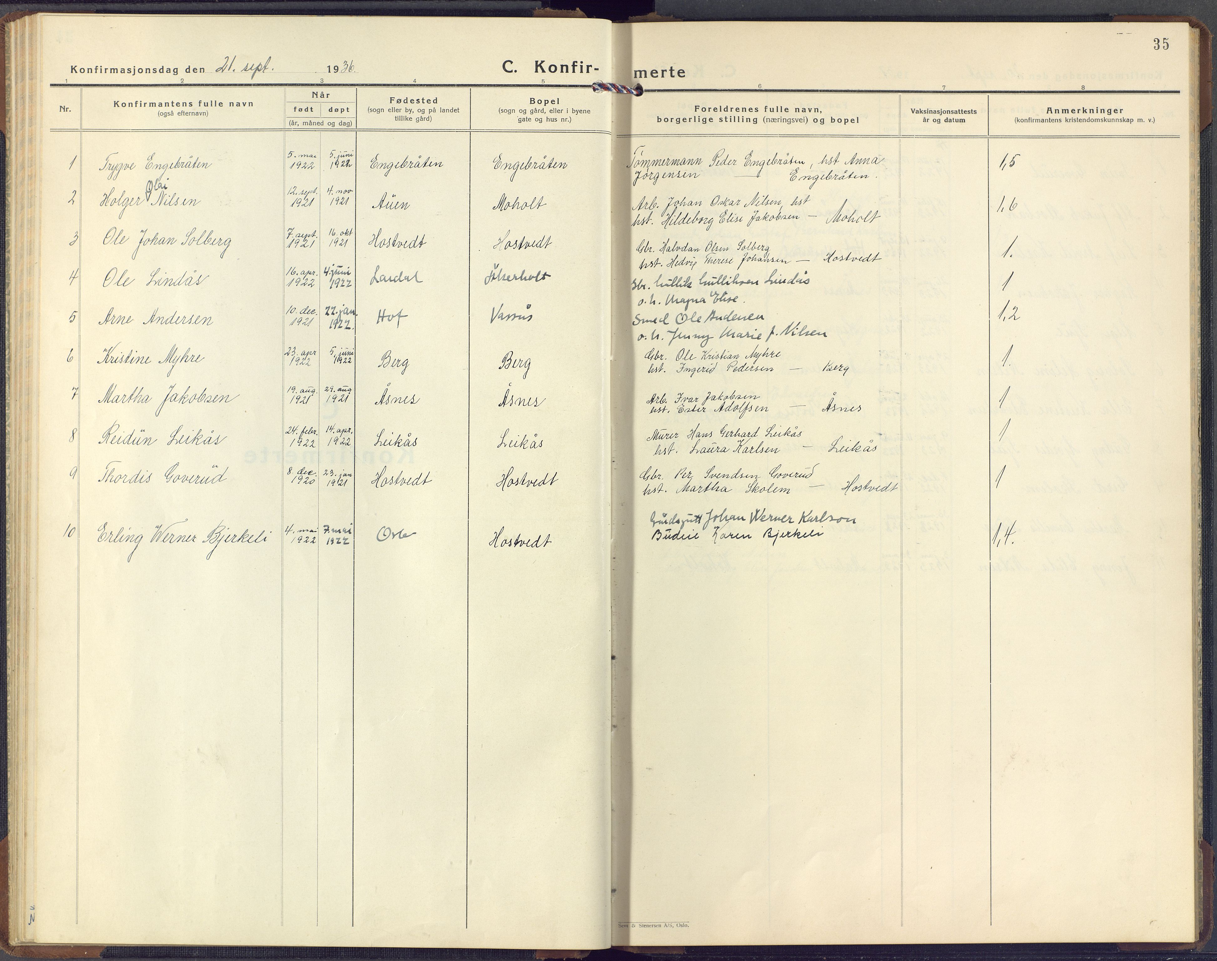 Hof kirkebøker, AV/SAKO-A-64/G/Gb/L0005: Parish register (copy) no. II 5, 1932-1959, p. 35