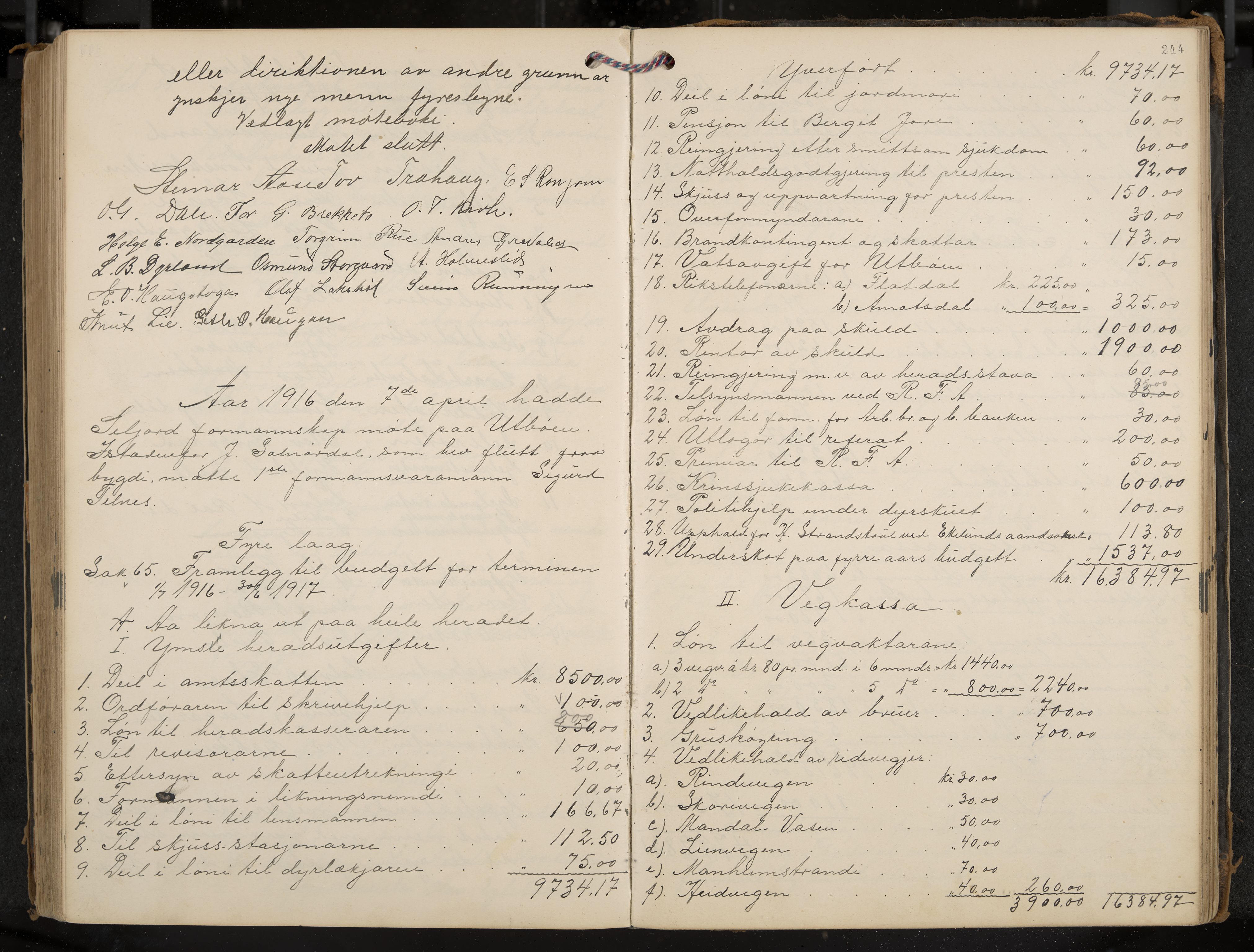 Seljord formannskap og sentraladministrasjon, IKAK/0828021/A/Aa/L0004: Møtebok med register, 1906-1917, p. 244