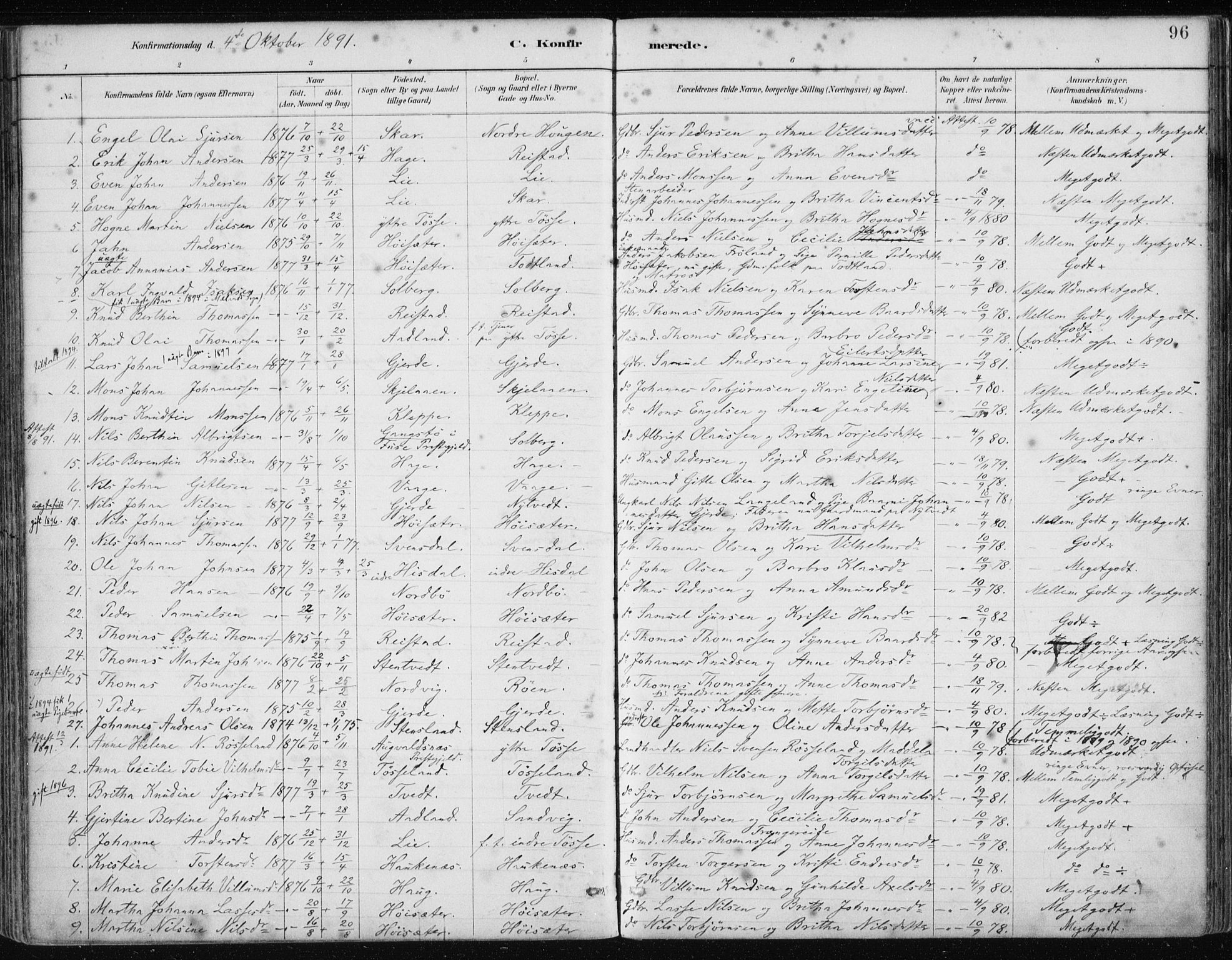 Samnanger Sokneprestembete, SAB/A-77501/H/Haa: Parish register (official) no. A 1, 1885-1901, p. 96