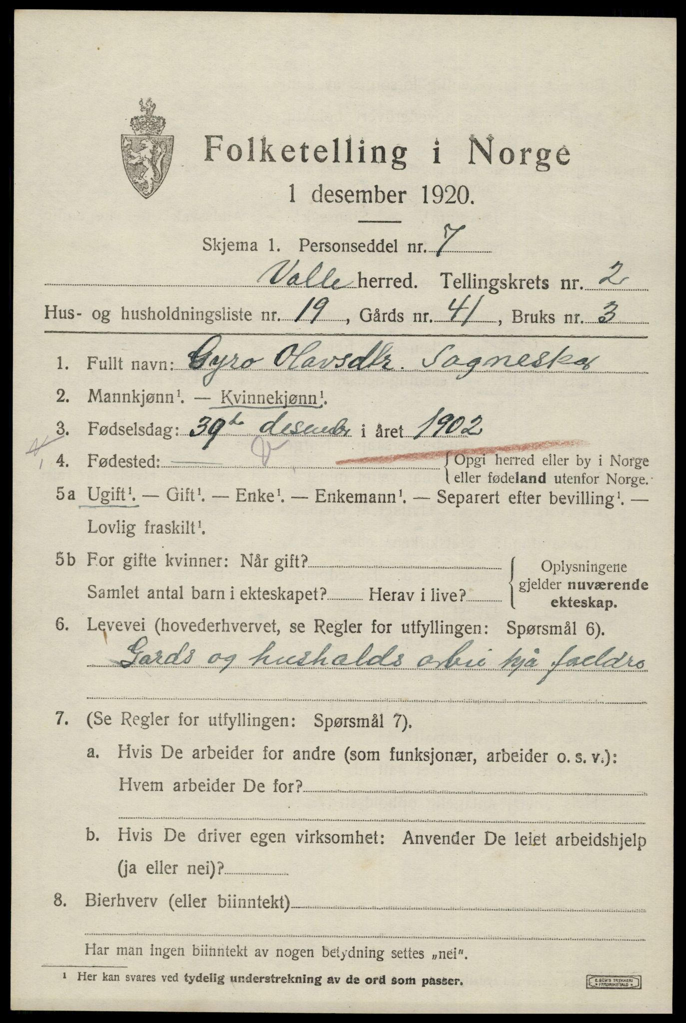 SAK, 1920 census for Valle, 1920, p. 1145