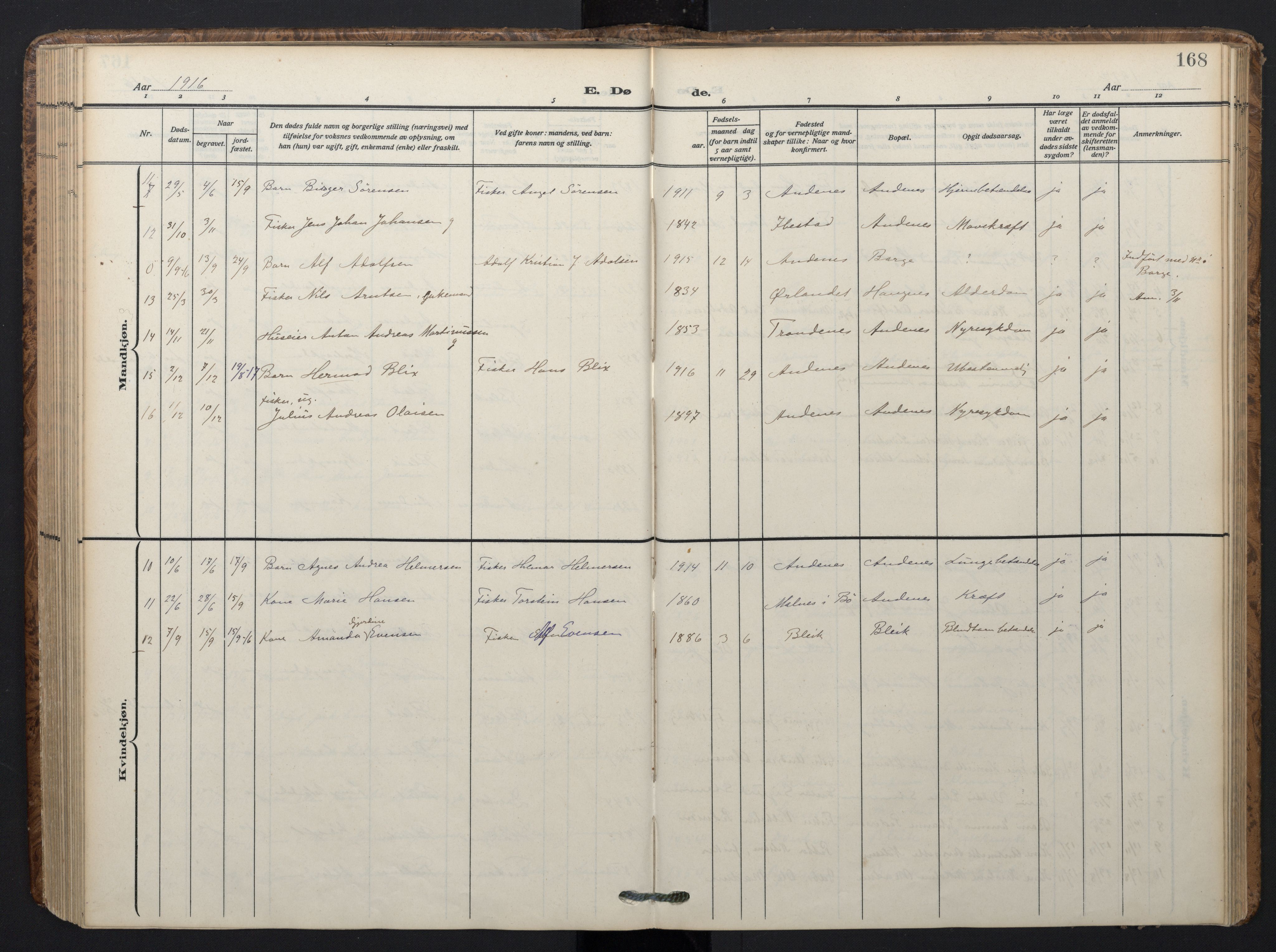 Ministerialprotokoller, klokkerbøker og fødselsregistre - Nordland, SAT/A-1459/899/L1438: Parish register (official) no. 899A06, 1909-1922, p. 168