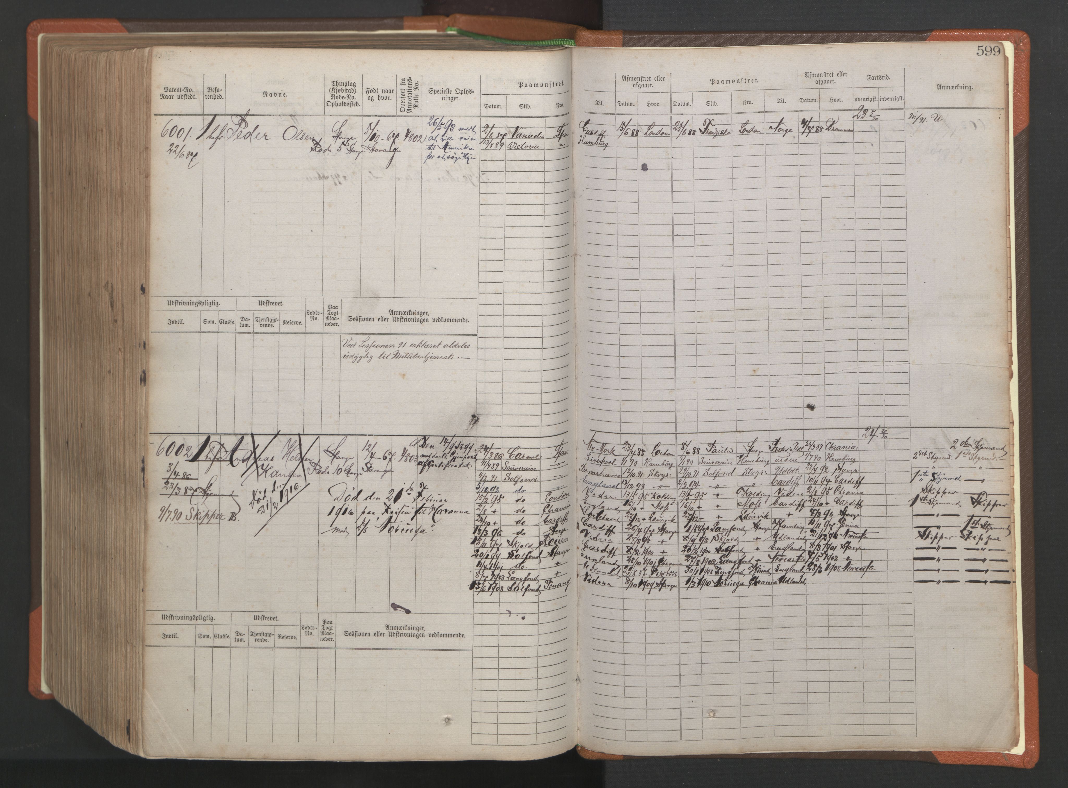 Stavanger sjømannskontor, AV/SAST-A-102006/F/Fb/Fbb/L0009: Sjøfartshovedrulle, patentnr. 4805-6006, 1879-1887, p. 606