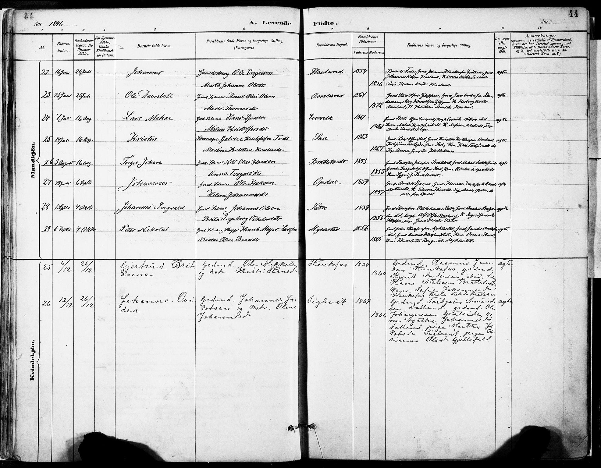 Tysnes sokneprestembete, SAB/A-78601/H/Haa: Parish register (official) no. D 1, 1887-1904, p. 44