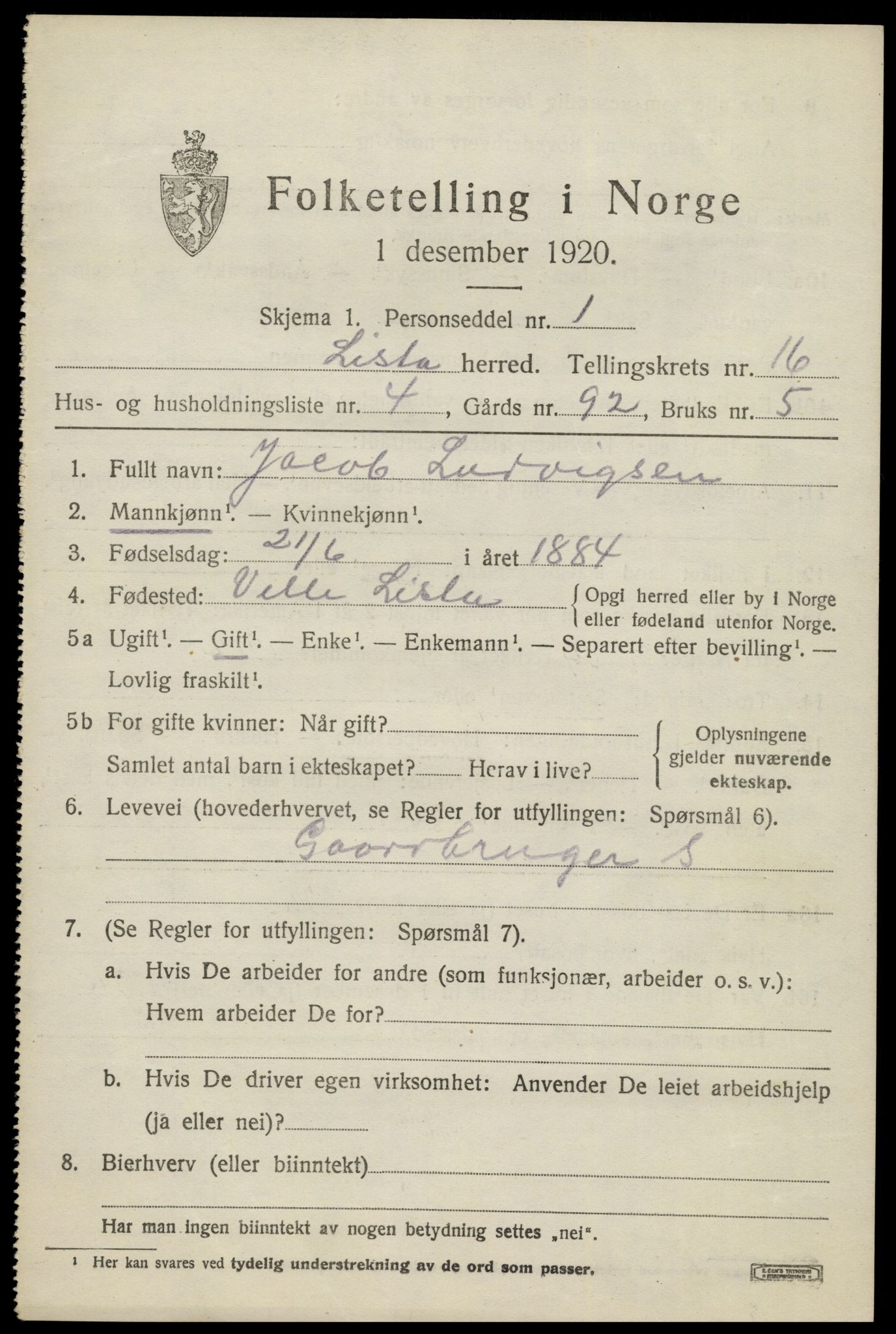SAK, 1920 census for Lista, 1920, p. 12961