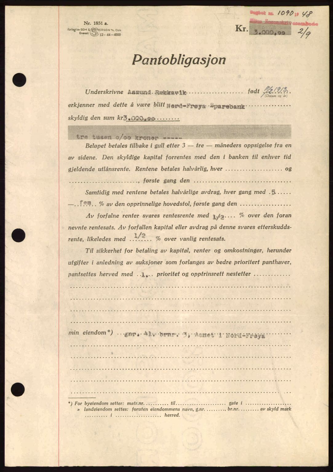 Hitra sorenskriveri, AV/SAT-A-0018/2/2C/2Ca: Mortgage book no. B1, 1939-1949, Diary no: : 1090/1948