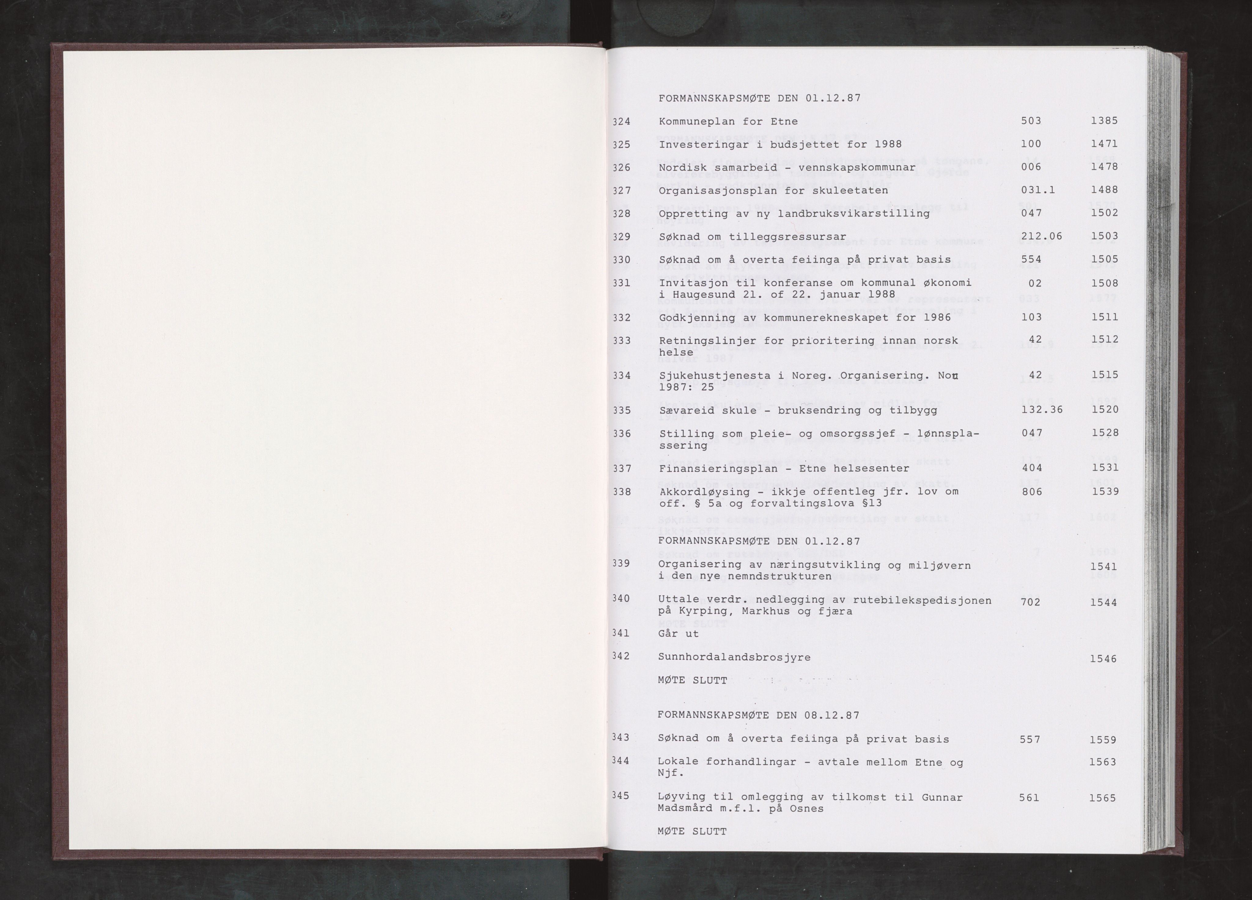 Etne kommune. Formannskapet, IKAH/1211-021/A/Aa/L0054: Møtebok for formannskapet, 1987-1988