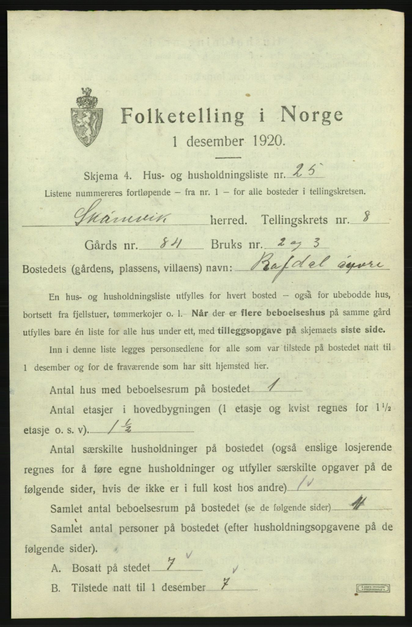 SAB, 1920 census for Skånevik, 1920, p. 1084