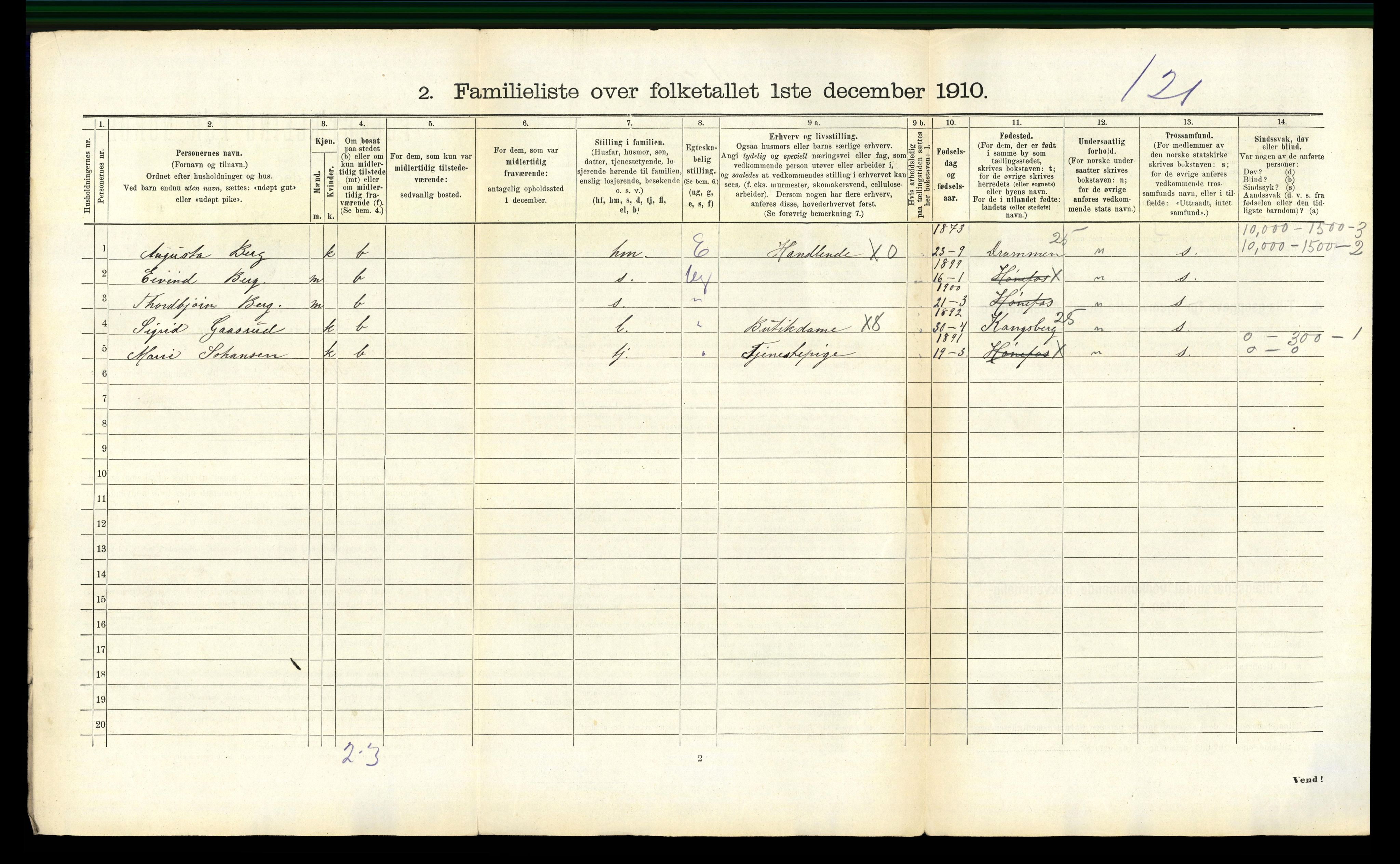 RA, 1910 census for Hønefoss, 1910, p. 734