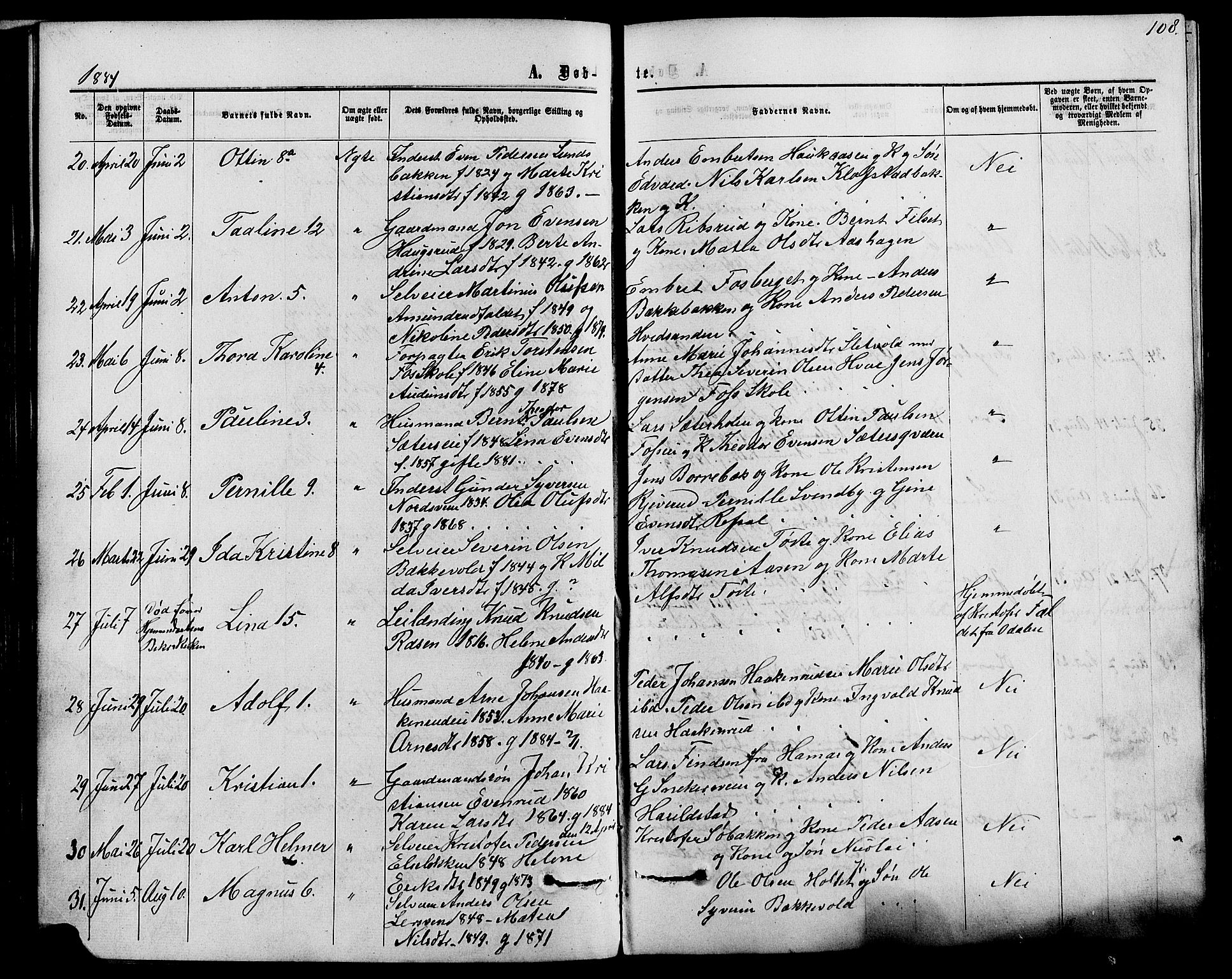 Romedal prestekontor, AV/SAH-PREST-004/K/L0006: Parish register (official) no. 6, 1866-1886, p. 108