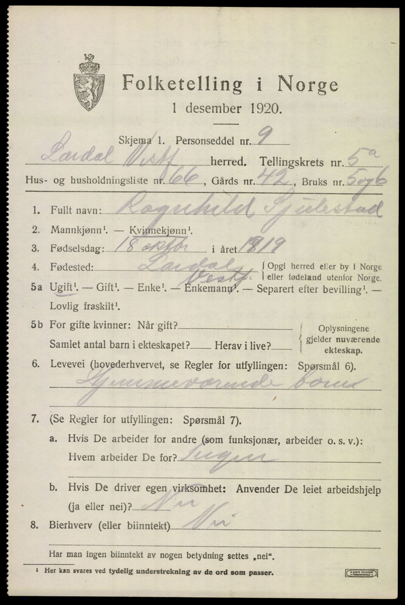 SAKO, 1920 census for Lardal, 1920, p. 5205