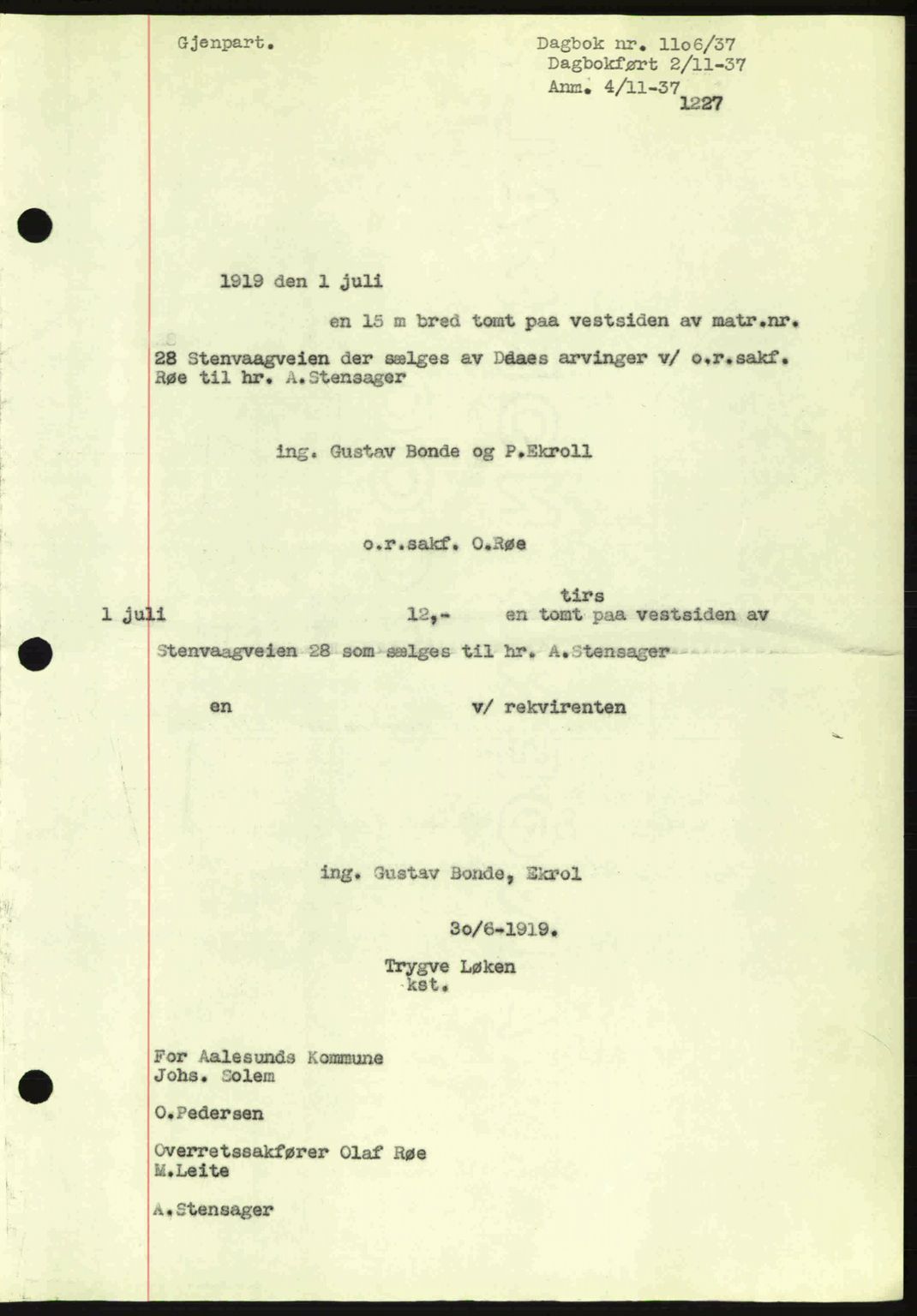 Ålesund byfogd, AV/SAT-A-4384: Mortgage book no. 34 I, 1936-1938, Diary no: : 1106/1937