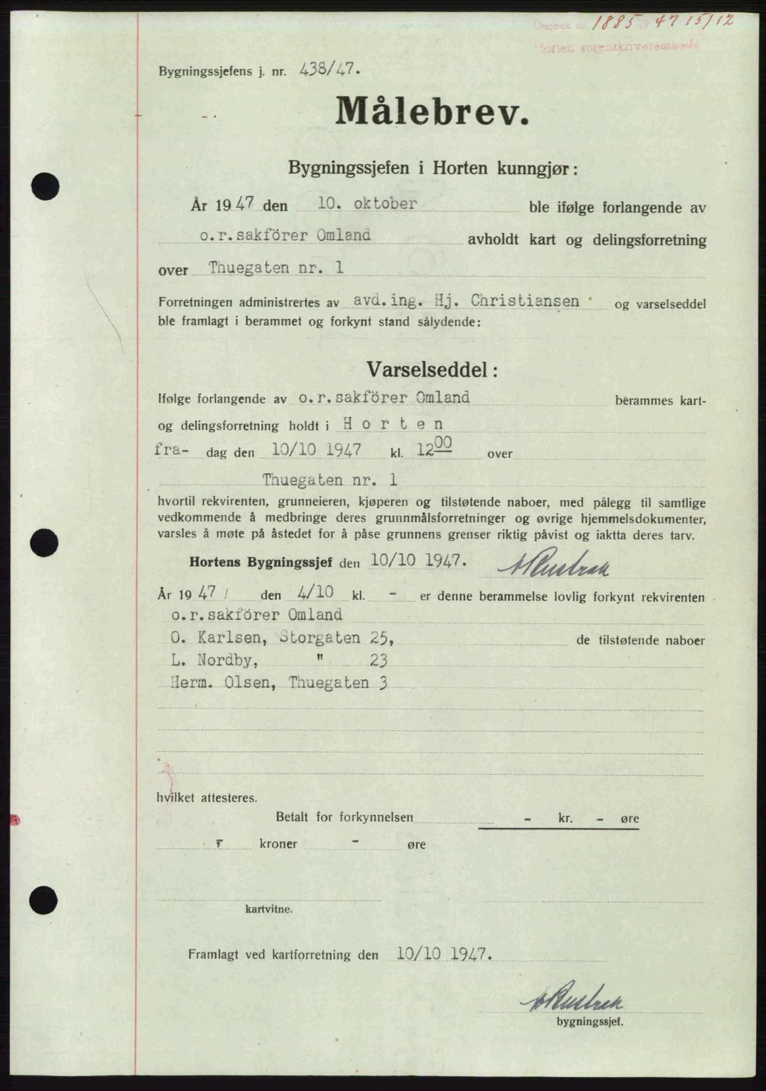 Horten sorenskriveri, AV/SAKO-A-133/G/Ga/Gaa/L0010: Mortgage book no. A-10, 1947-1948, Diary no: : 1885/1947