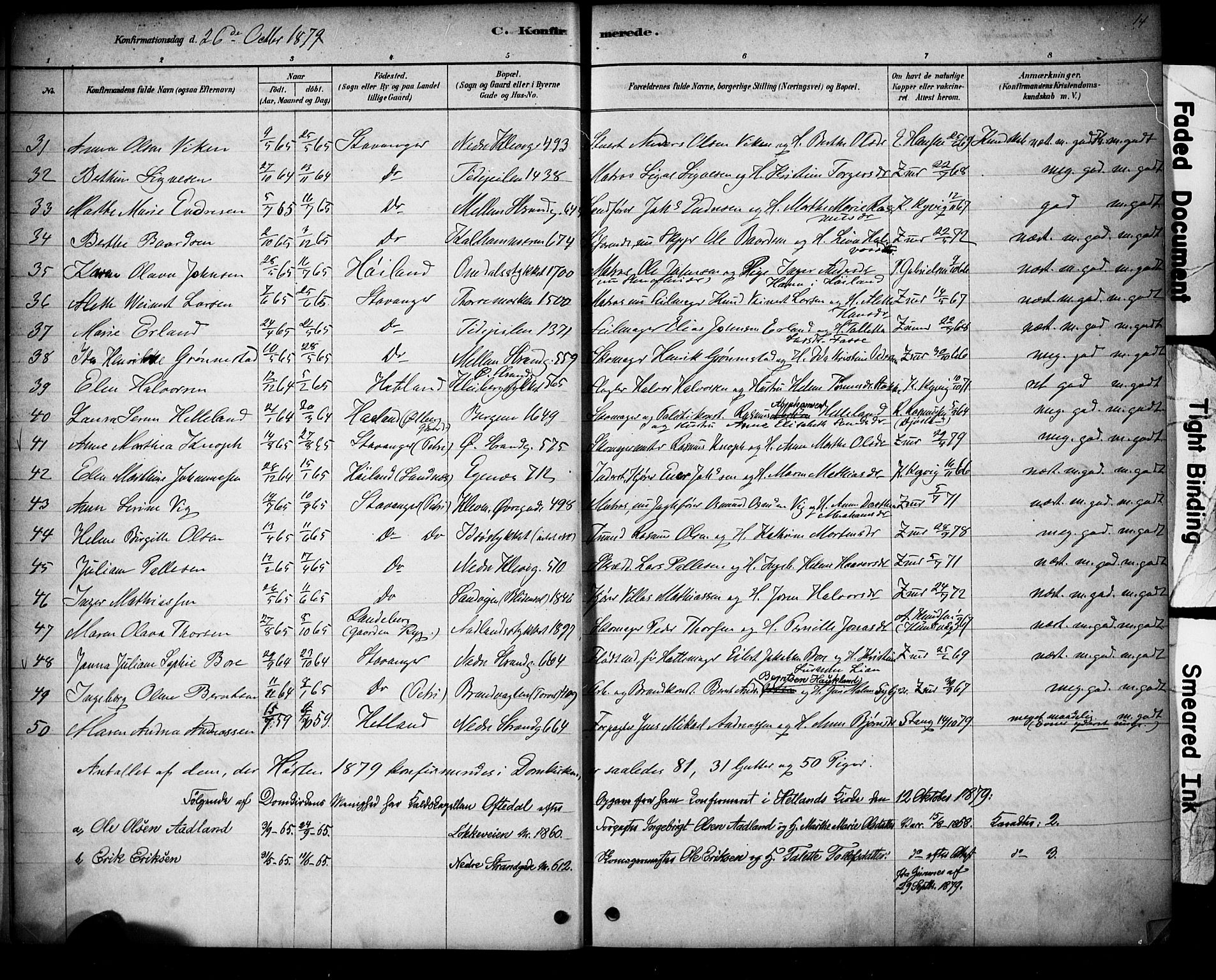 Domkirken sokneprestkontor, SAST/A-101812/001/30/30BA/L0028: Parish register (official) no. A 27, 1878-1896, p. 14