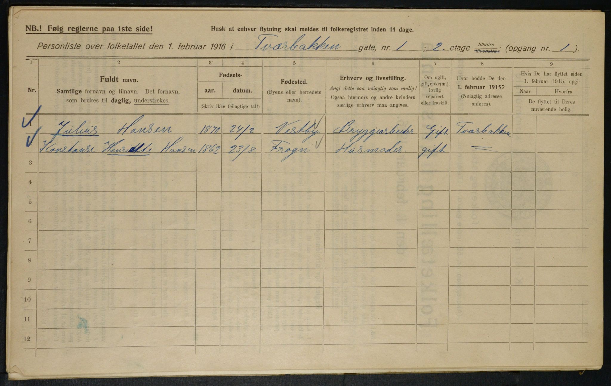 OBA, Municipal Census 1916 for Kristiania, 1916, p. 120566