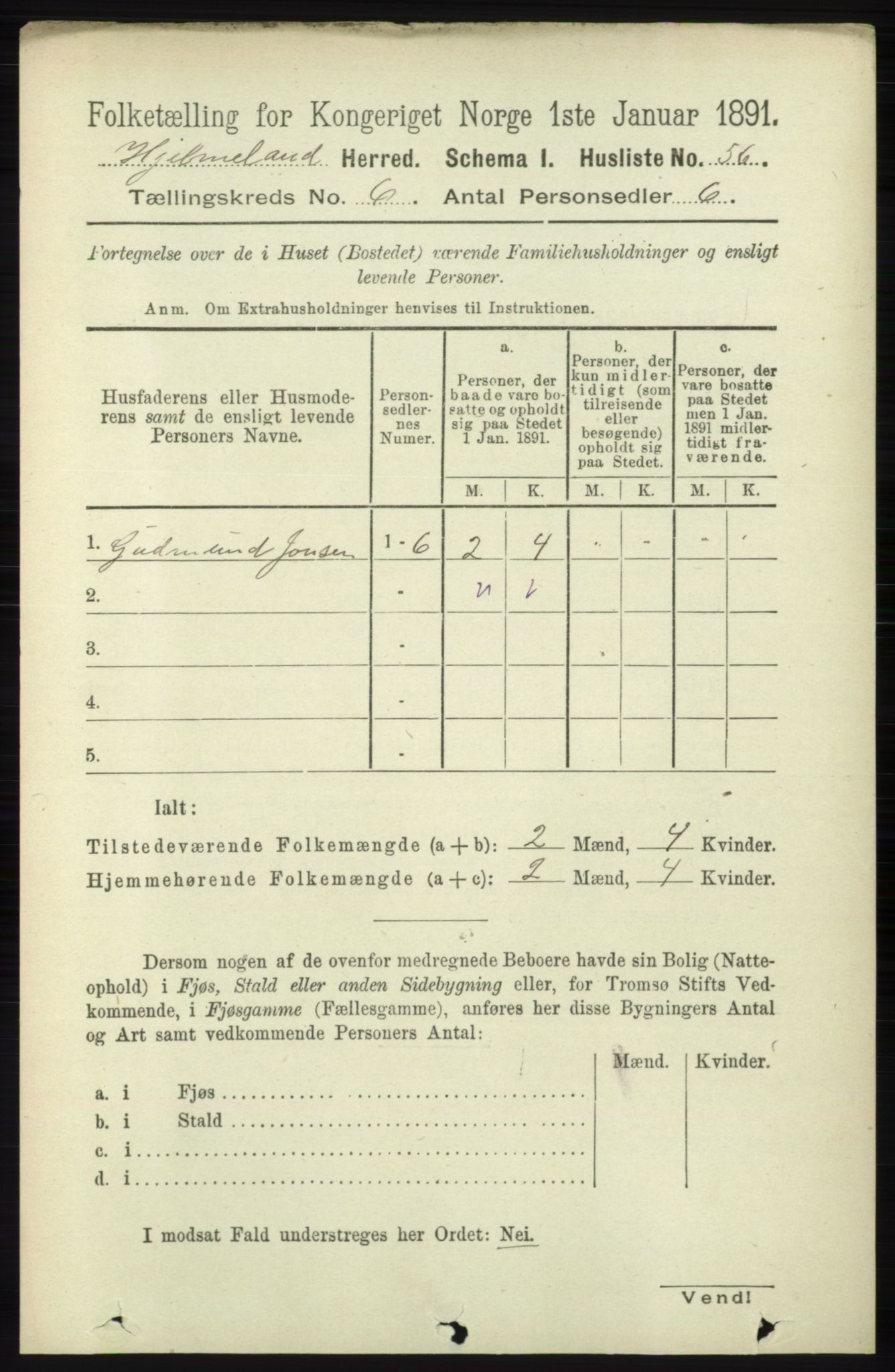 RA, 1891 census for 1133 Hjelmeland, 1891, p. 1552