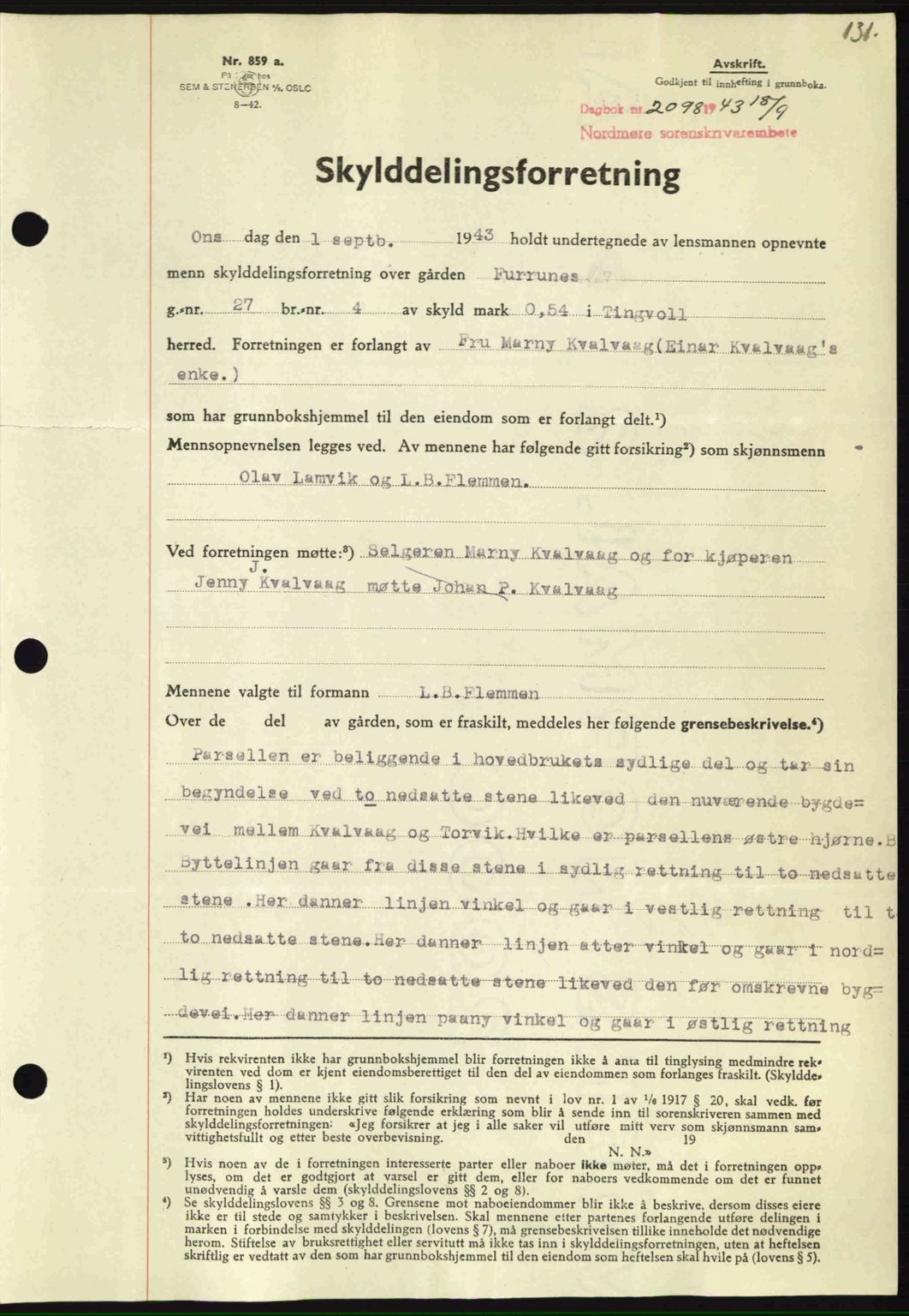Nordmøre sorenskriveri, SAT/A-4132/1/2/2Ca: Mortgage book no. A96, 1943-1944, Diary no: : 2098/1943