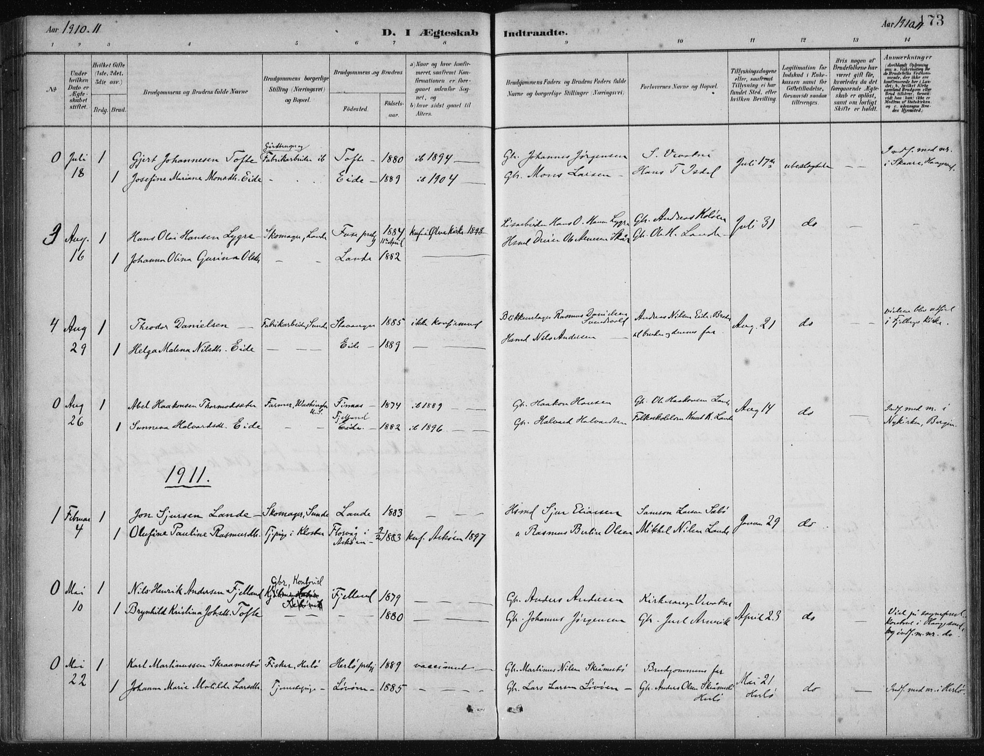 Fjelberg sokneprestembete, SAB/A-75201/H/Haa: Parish register (official) no. C  1, 1879-1918, p. 173